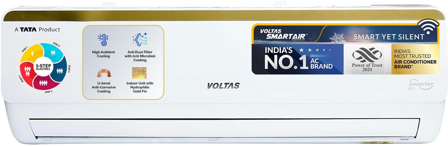 Image of Voltas 2024 Model 1.5 Ton 5 Star Split Inverter with Wi-fi AC (185V VERTIS SMART ELITE GOLD(4503702), White, Gold)