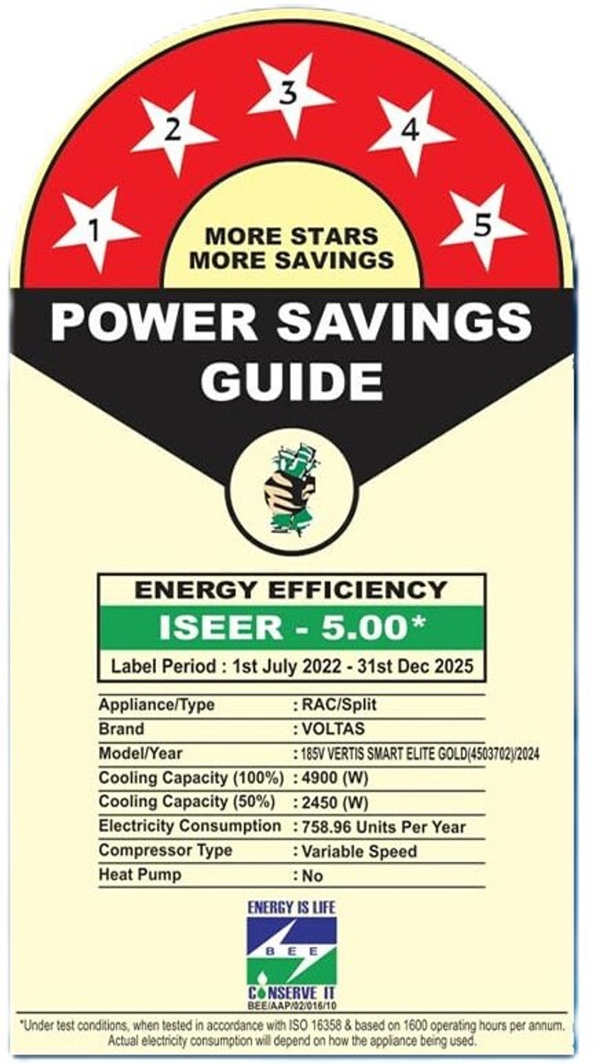 Image of Voltas 2024 Model 1.5 Ton 5 Star Split Inverter with Wi-fi AC (185V VERTIS SMART ELITE GOLD(4503702), White, Gold)