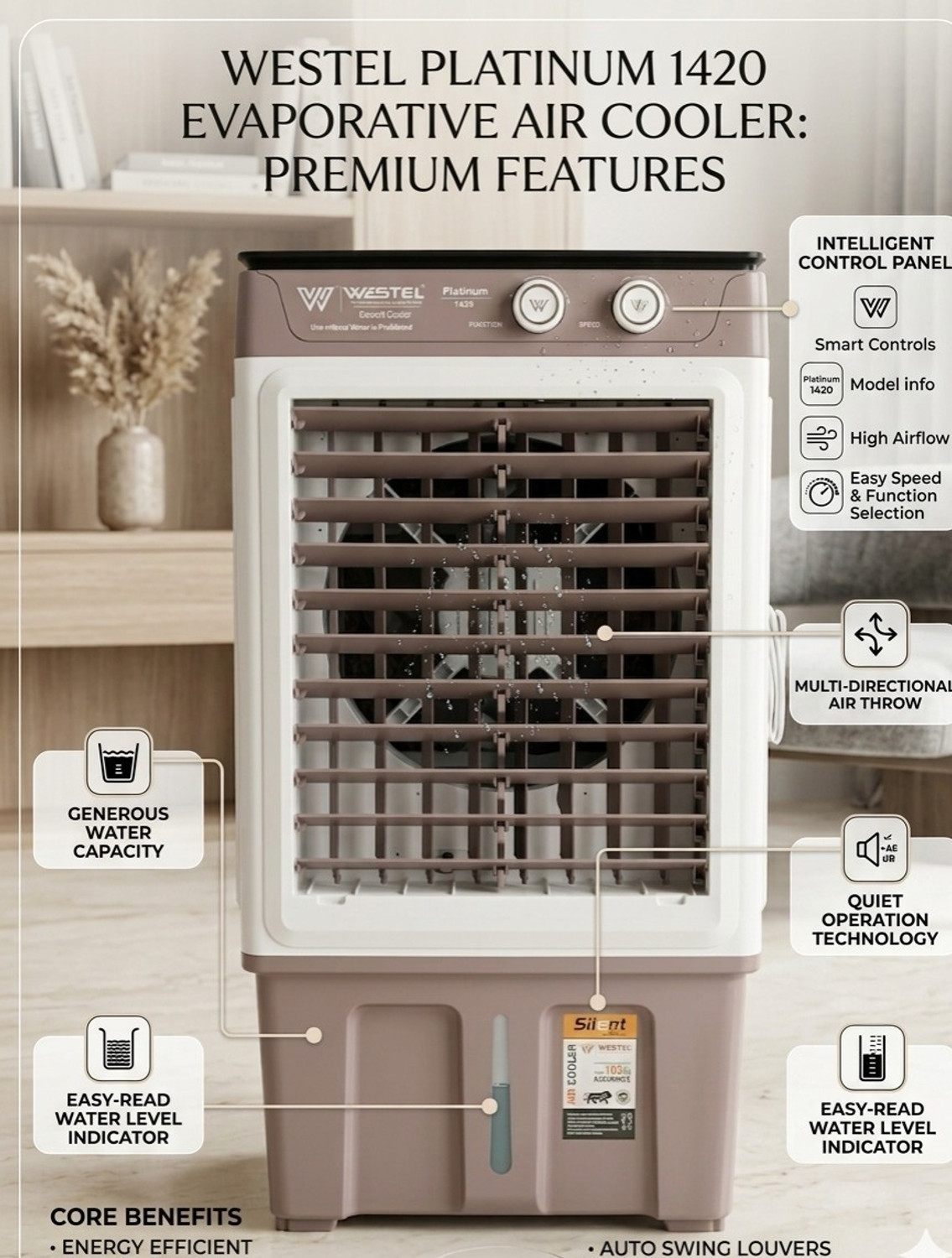 Image of Voltexa 50 L Room /Personal Air Cooler (Brown, CoolBreeze 14-Inch High Airflow Personal Air Cooler)