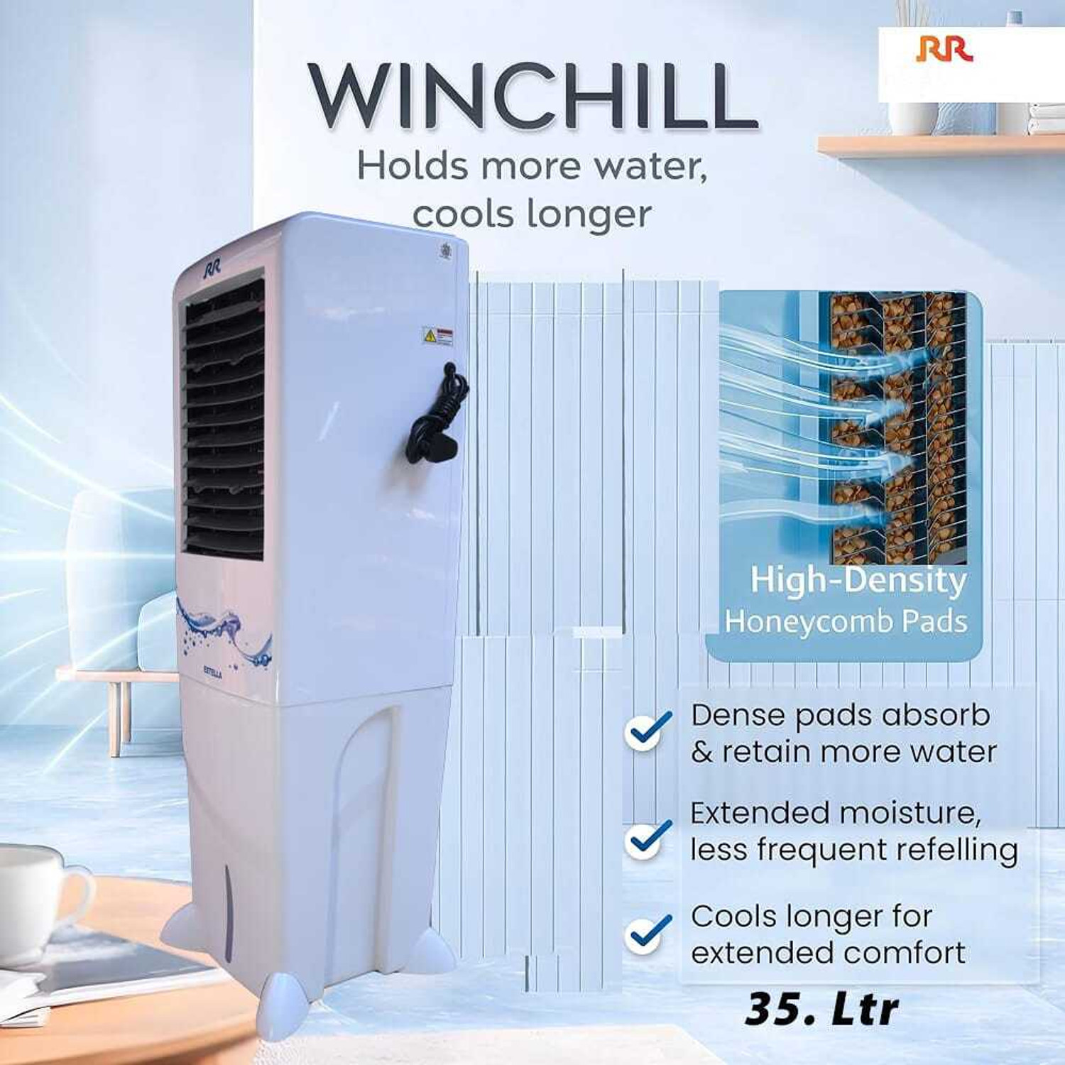 Image of RR KABLE 35 L Tower Air Cooler (White & Black, Estella)