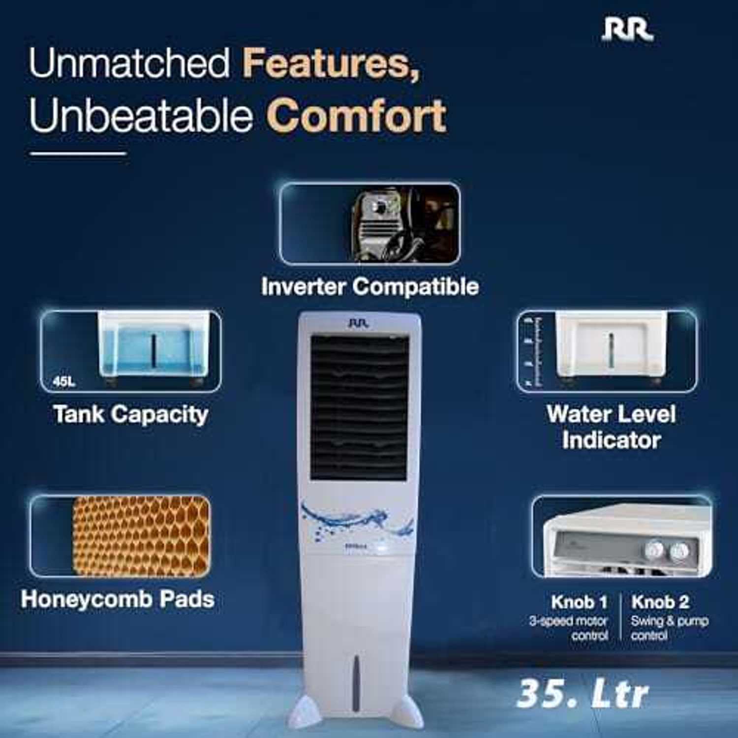 Image of RR KABLE 35 L Tower Air Cooler (White & Black, Estella)
