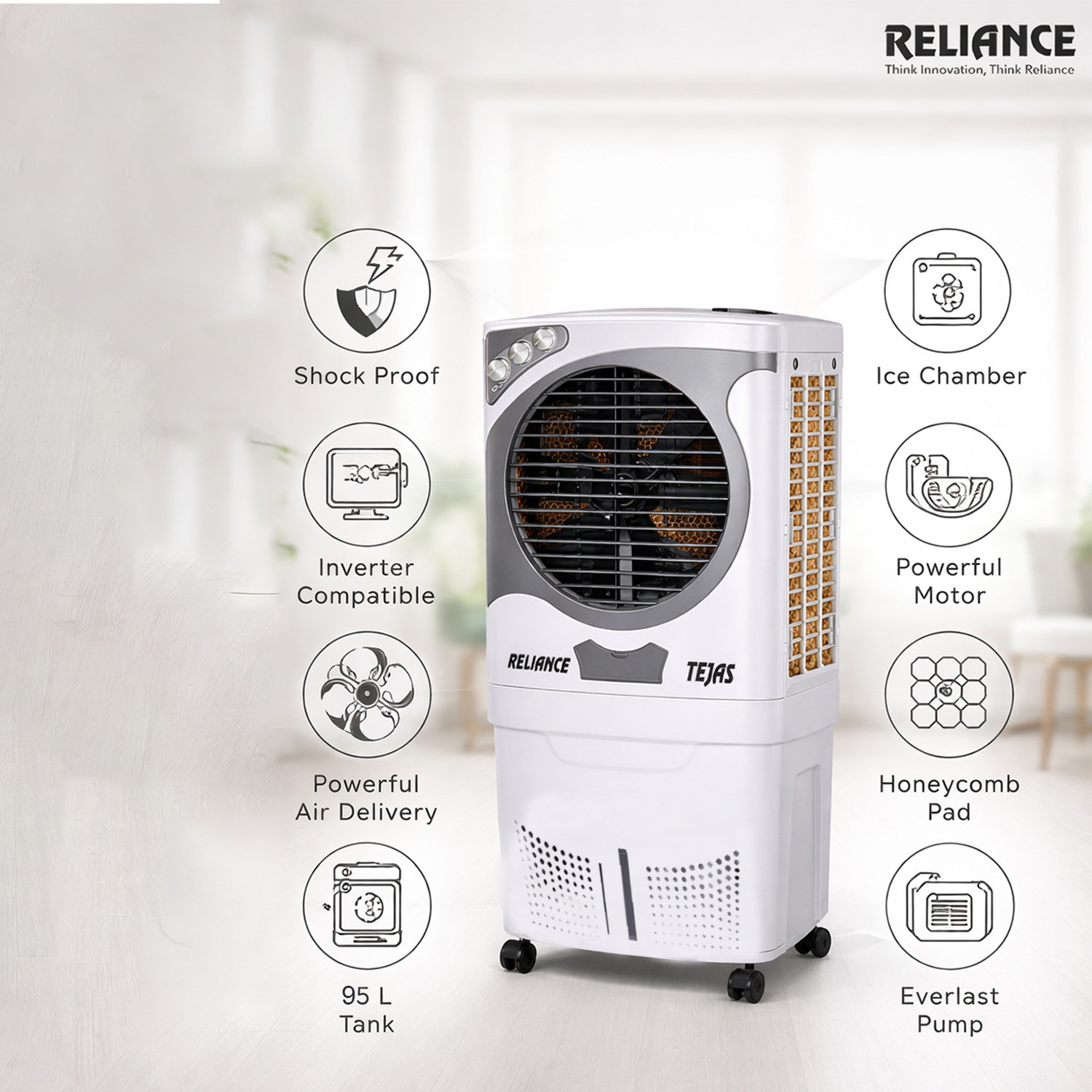 Image of Reliance 95 L Desert Air Cooler (White & Grey, RV95TD-HC Tejas 95 L)
