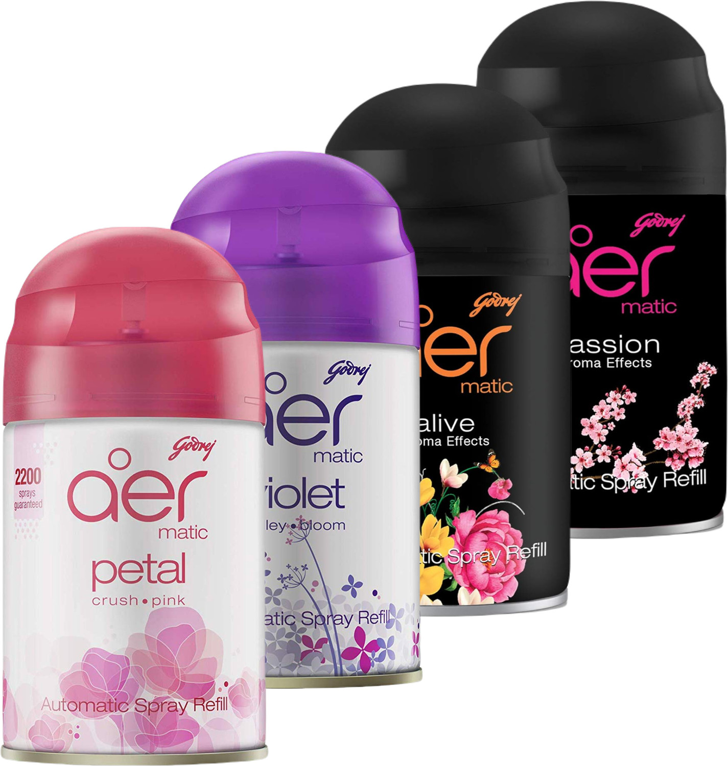Image of Godrej Aer PETAL, PASSION, ALIVE, PASSION Car Freshener Automatic Spray Aer Matic Refill - PETAL, PASSION, ALIVE, PASSION. (900 ml)