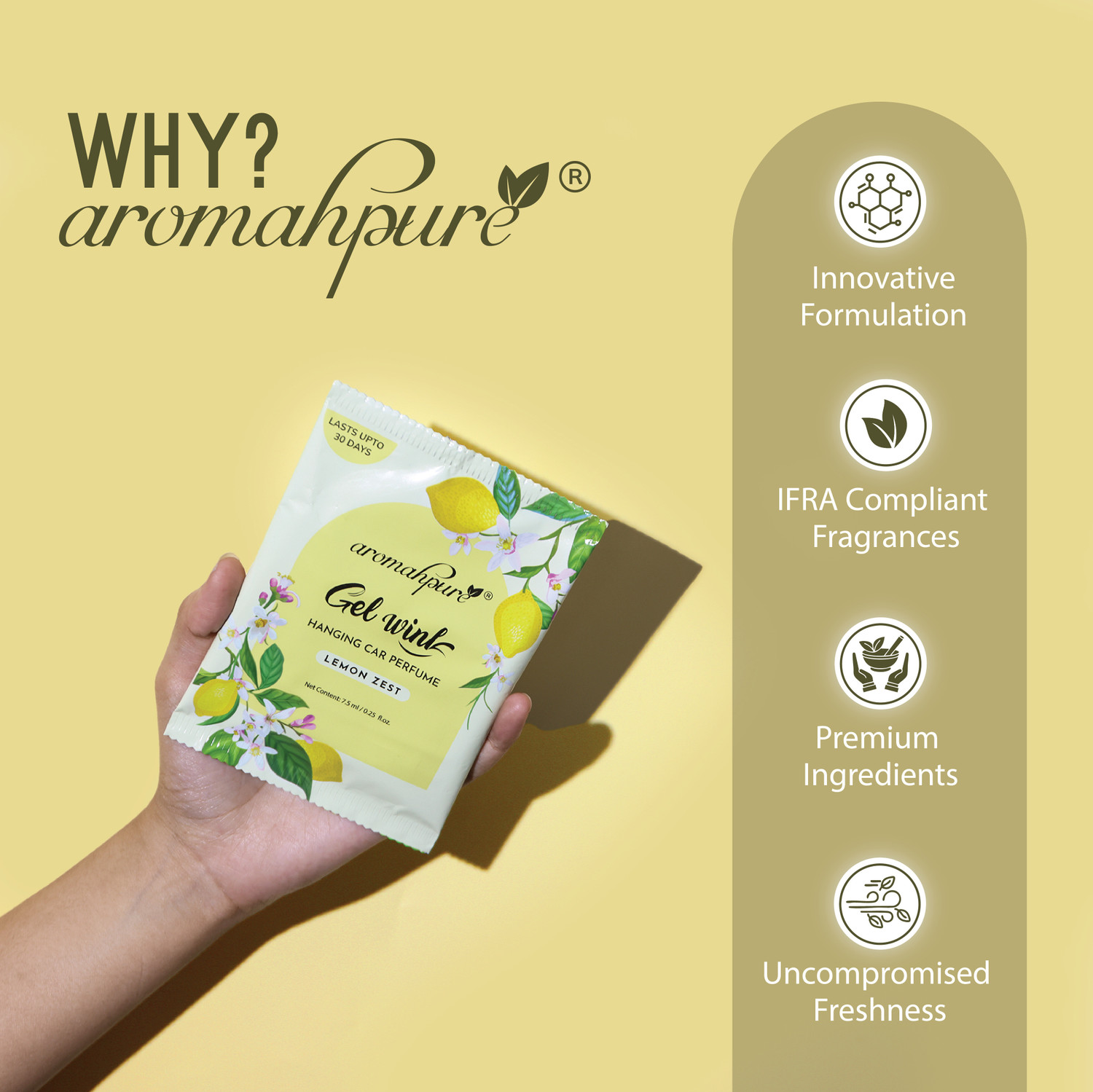 Image of Aromahpure Lemon Car Freshener Diffuser Gel Wink Hanging Perfume|Pack of 3| Long-Lasting Up to 30 Days (22.5 ml)