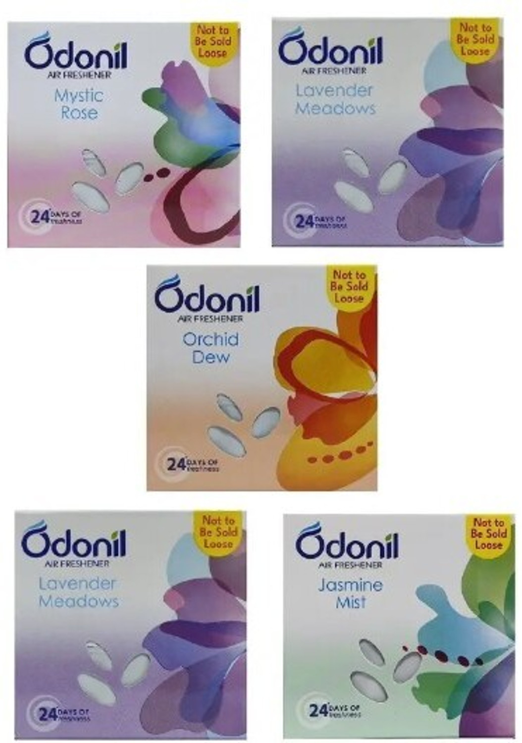 Image of Odonil LEVENDER, JESMINE, MYSTIC ROSE , ORCHID DEW, Mixed Fragrance Blocks mystic rose (5 x 45 g)