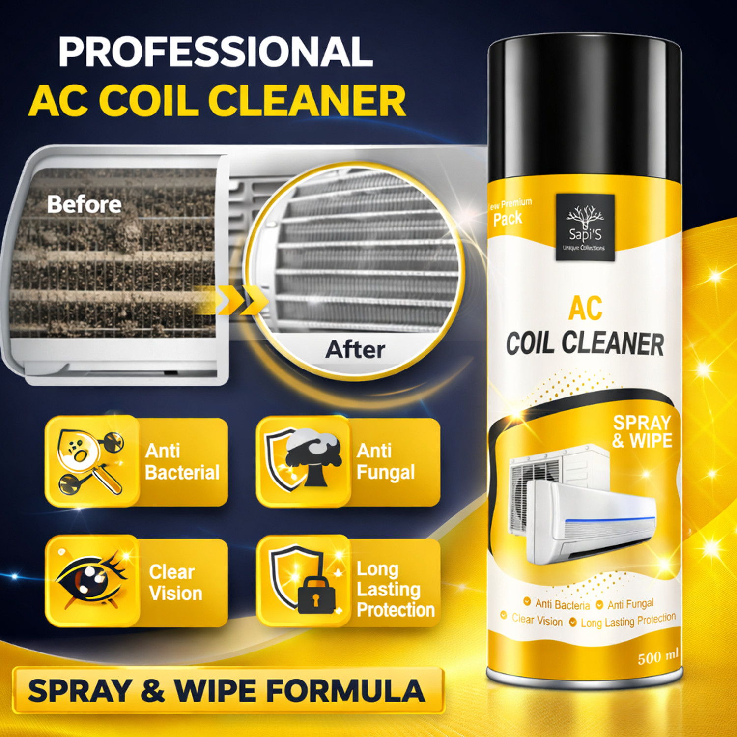 Image of SAPI'S AC Coil Cleaner 500 ml Spray | Instant Cooling Booster | Removes Dirt (2000 ml)