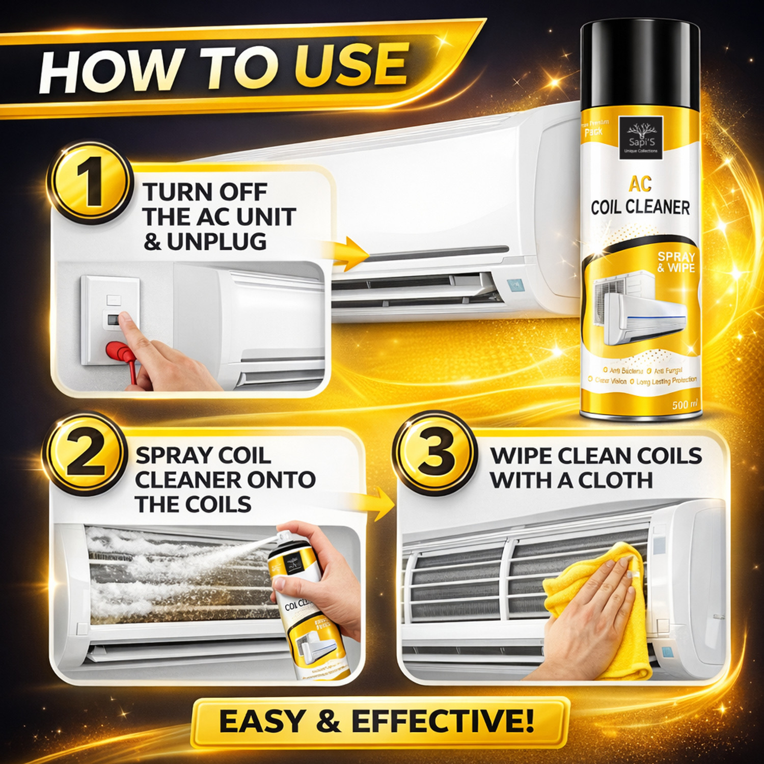 Image of SAPI'S AC Coil Cleaner 500 ml Spray | Instant Cooling Booster | Removes Dirt (2000 ml)