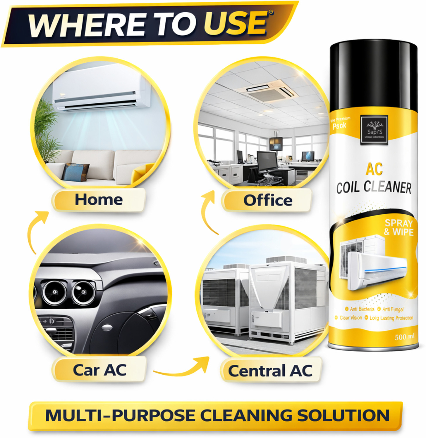 Image of SAPI'S AC Coil Cleaner 500 ml Spray | Instant Cooling Booster | Removes Dirt (2000 ml)