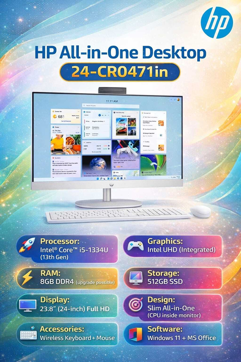 Image of HP HP ALL IN ONE 24 Core i5 (12th Gen) (8 GB DDR4 /500 GB /512 GB SSD /Windows 11 Home /23.8 Inch Screen /24-CR0471IN) with MS Office (White)