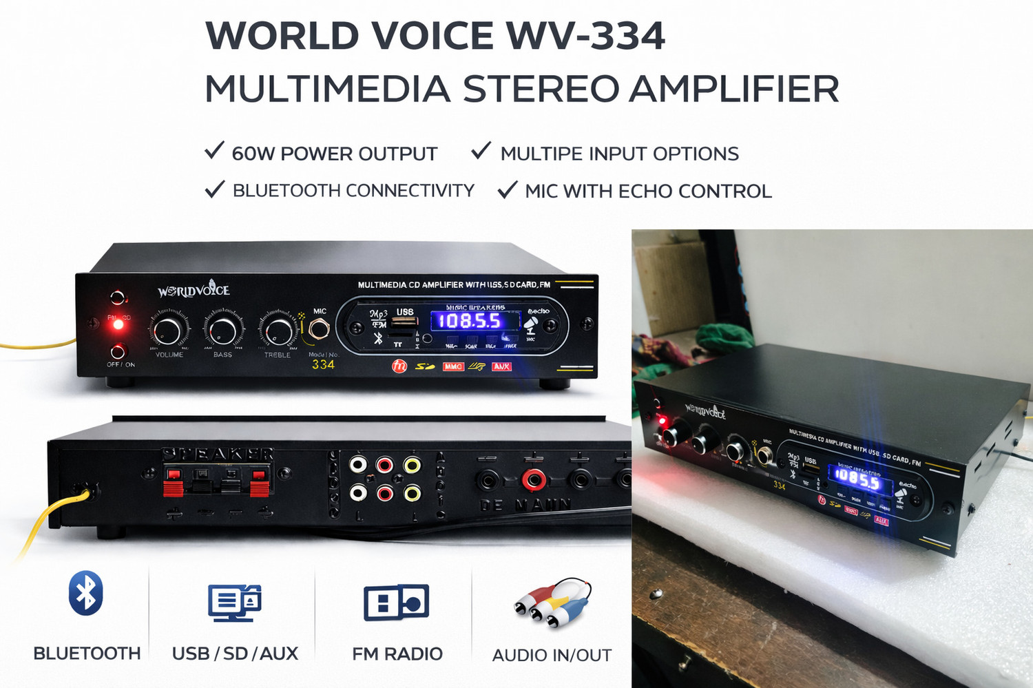 world voice Prime Series 4440 Double IC Bluetooth Home Amplifier BT/USB/FM/MP3/SD-MMC/AUX 160 W AV Power Amplifier (Black) - Image 1
