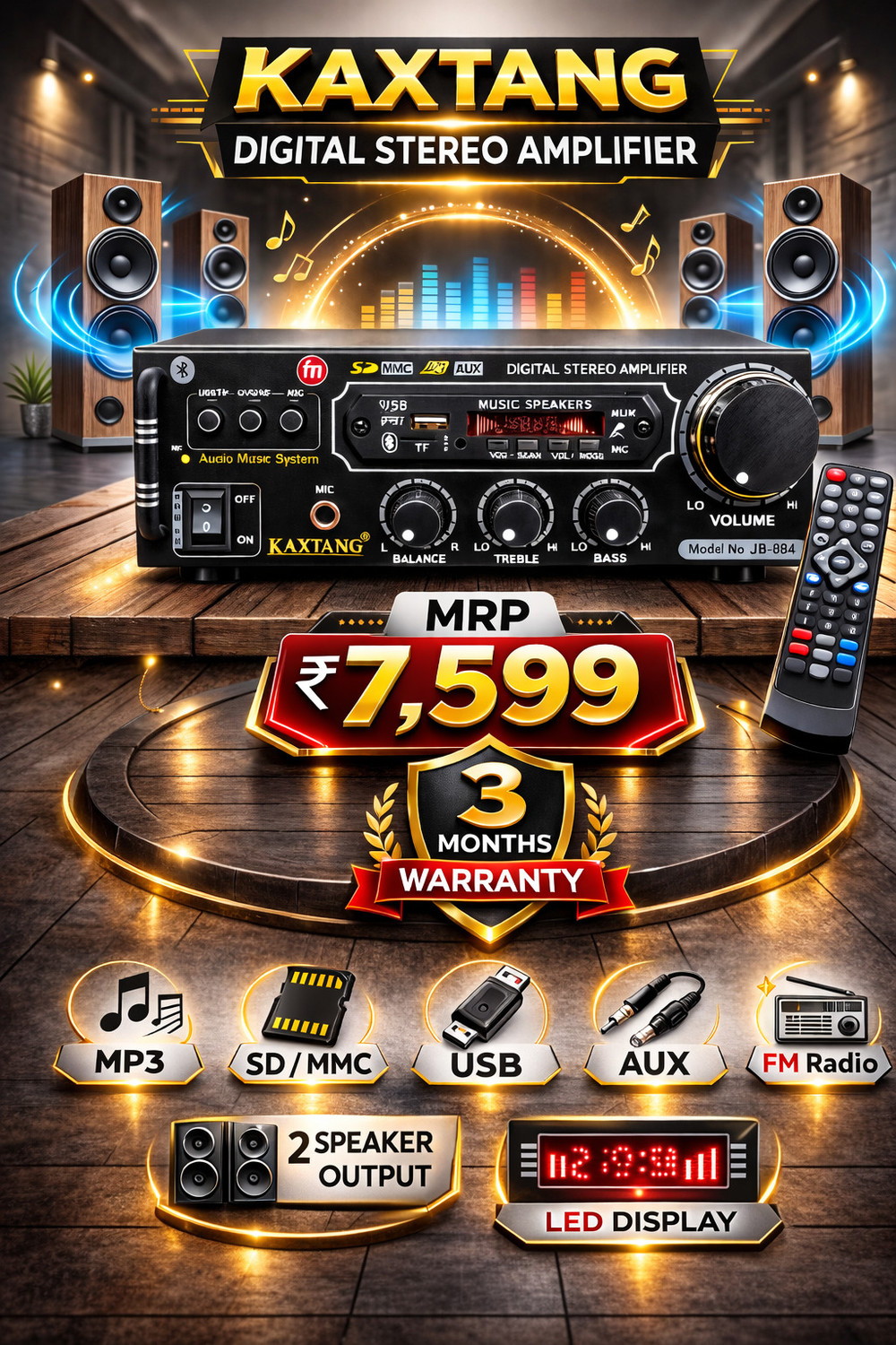 Image of KAXTANG 084 4Transistors DJ Amplifier REMIX Bluetooth VERSION with BT /USB /AUX /MP 5000 W AV Power Amplifier (Black)