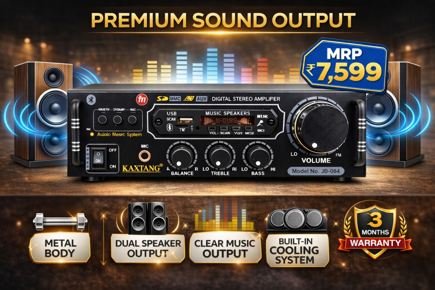 Image of KAXTANG 084 4Transistors DJ Amplifier REMIX Bluetooth VERSION with BT /USB /AUX /MP 5000 W AV Power Amplifier (Black)