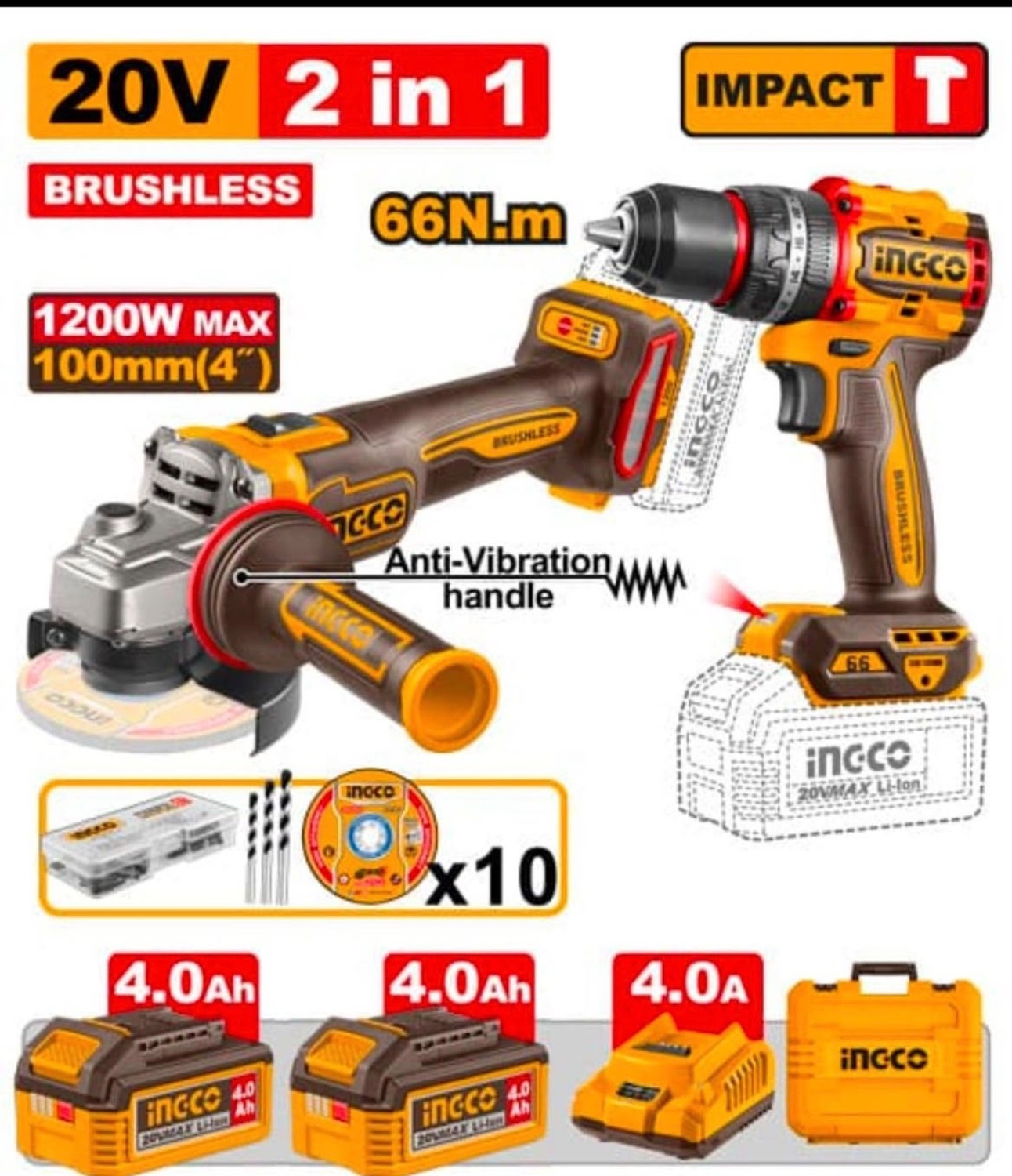 Image of INGCO Combo Kit | Angle Grinder + 55Nm Drill + 2-26mm Rotary Hammer Angle Grinder (110 mm Wheel Diameter)