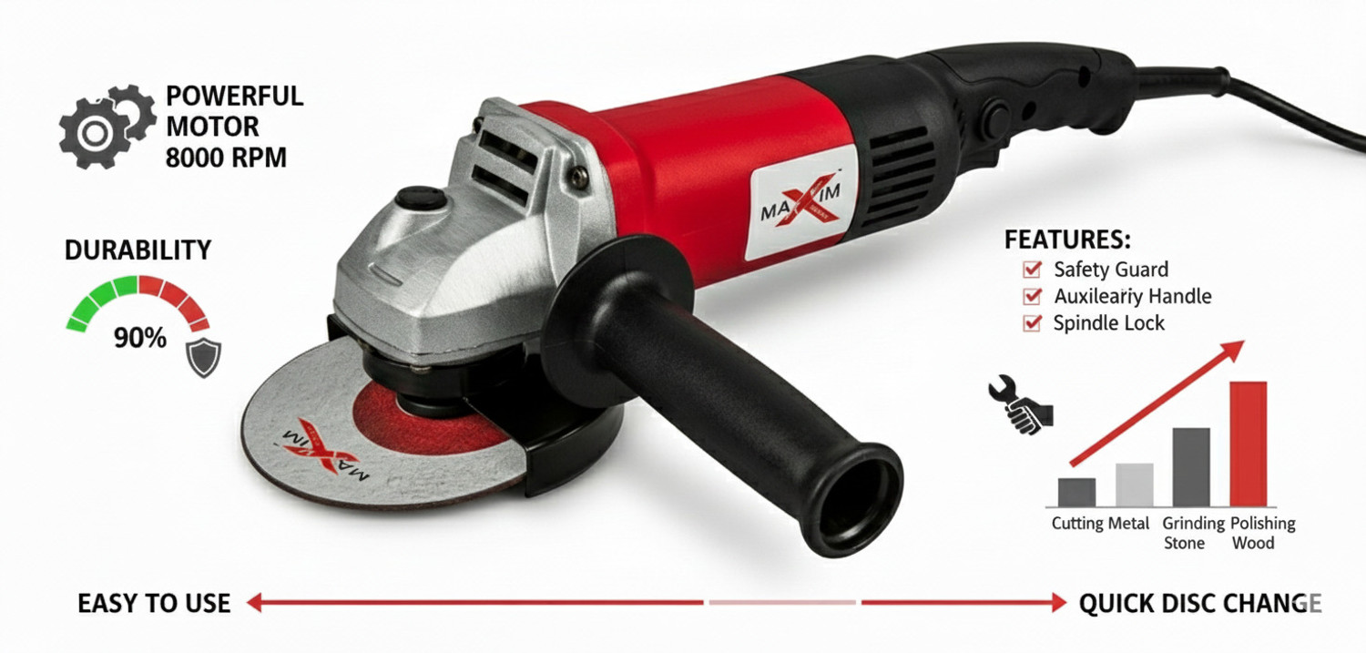 Image of RanPra Long handle Redhorse Heavy duty --125 mm 980watt Angle Grinder (100 mm Wheel Diameter)