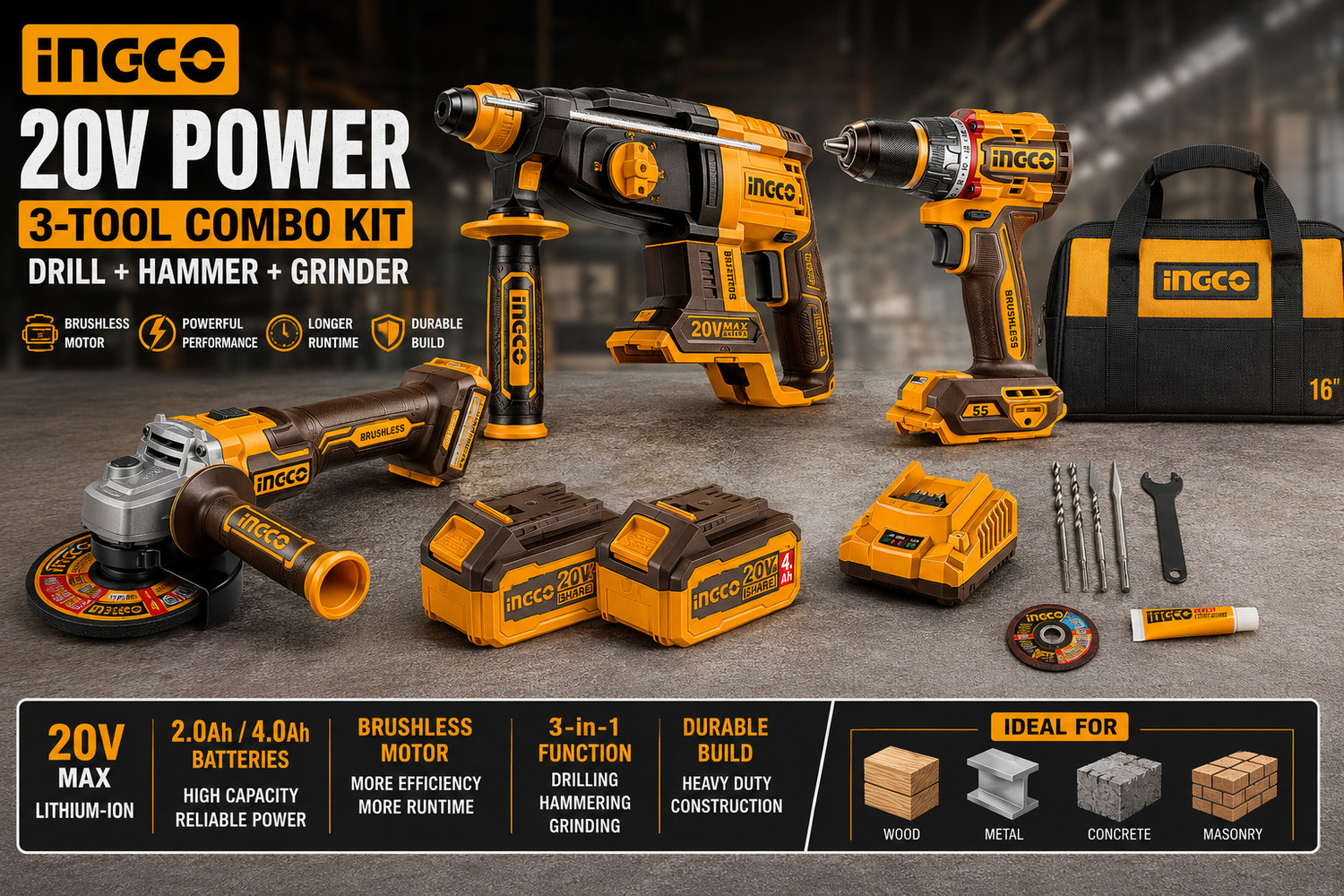 Image of INGCO Combo Kit | Angle Grinder + 55Nm Drill + 2-26mm Rotary Hammer Angle Grinder (110 mm Wheel Diameter)