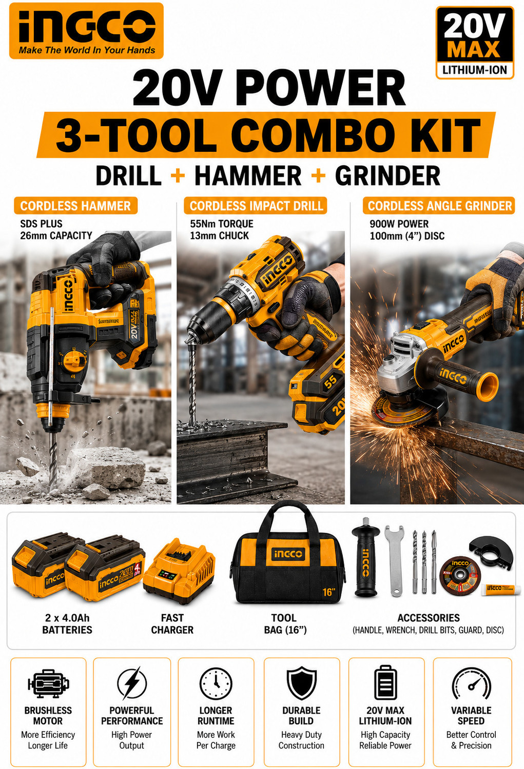 Image of INGCO Combo Kit | Angle Grinder + 55Nm Drill + 2-26mm Rotary Hammer Angle Grinder (110 mm Wheel Diameter)