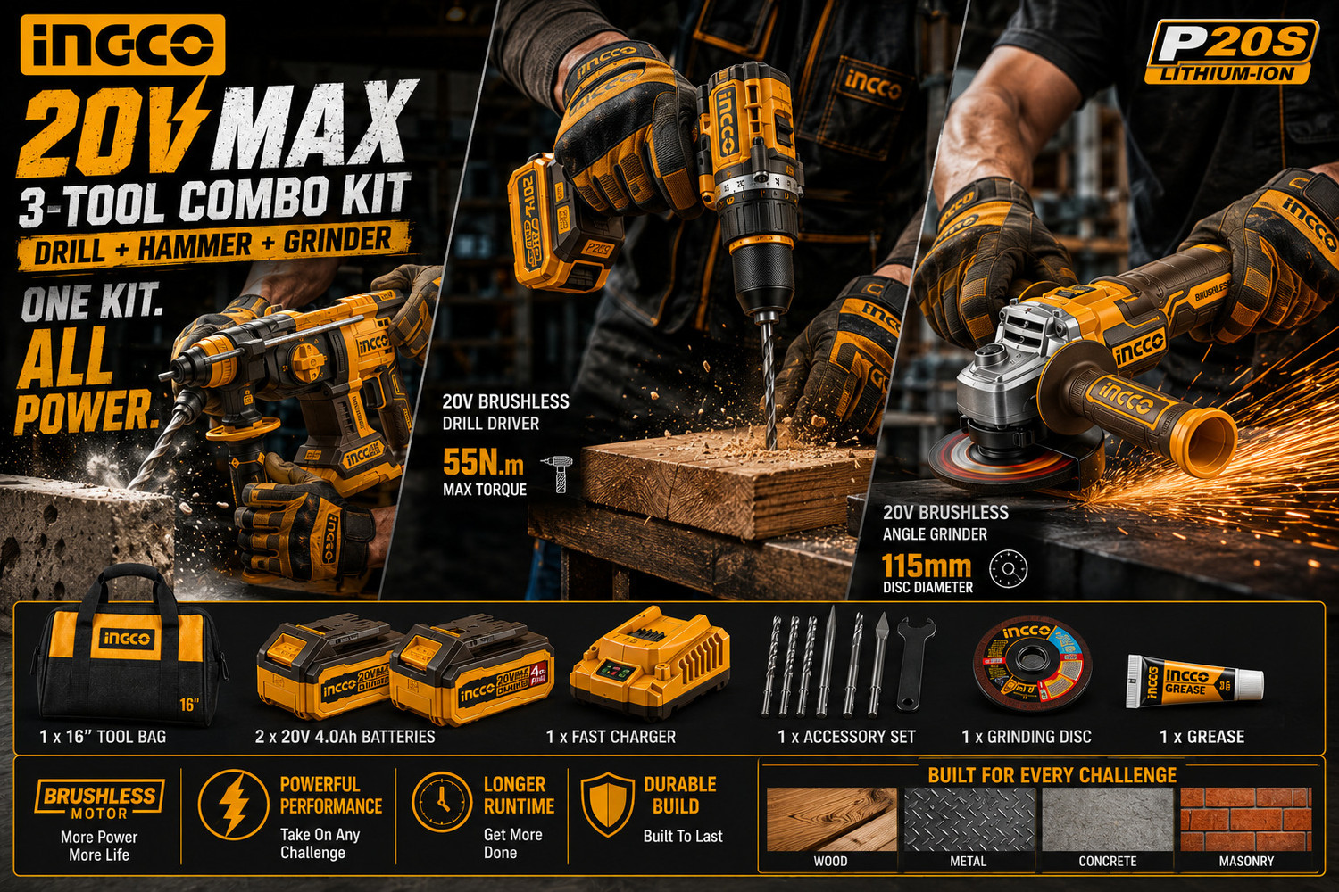 Image of INGCO Combo Kit | Angle Grinder + 55Nm Drill + 2-26mm Rotary Hammer Angle Grinder (110 mm Wheel Diameter)