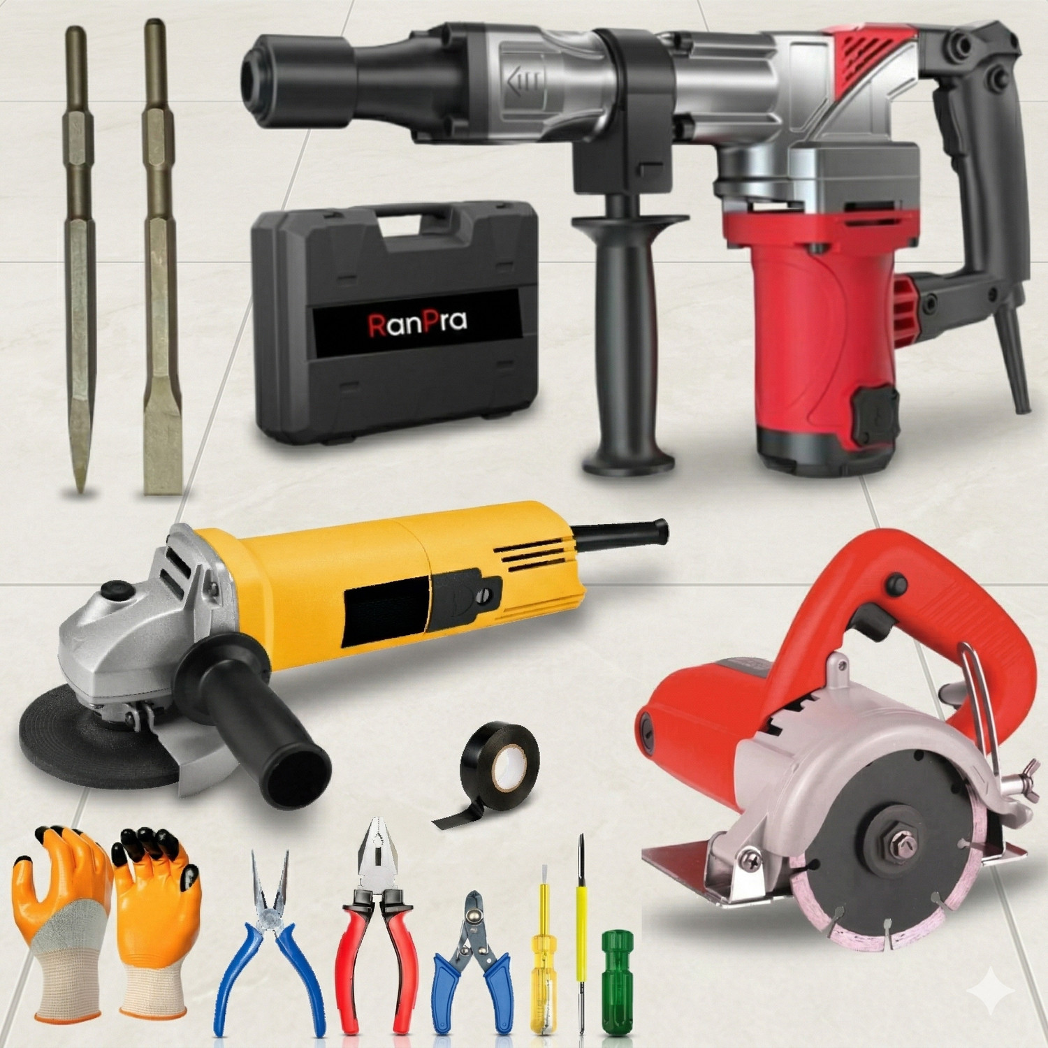 Image of RanPra COMBO OF 4INCH ANGLE GRINDER & 7KG BREAKER & 4INCH TILE CUTTER | Angle Grinder (100 mm Wheel Diameter)