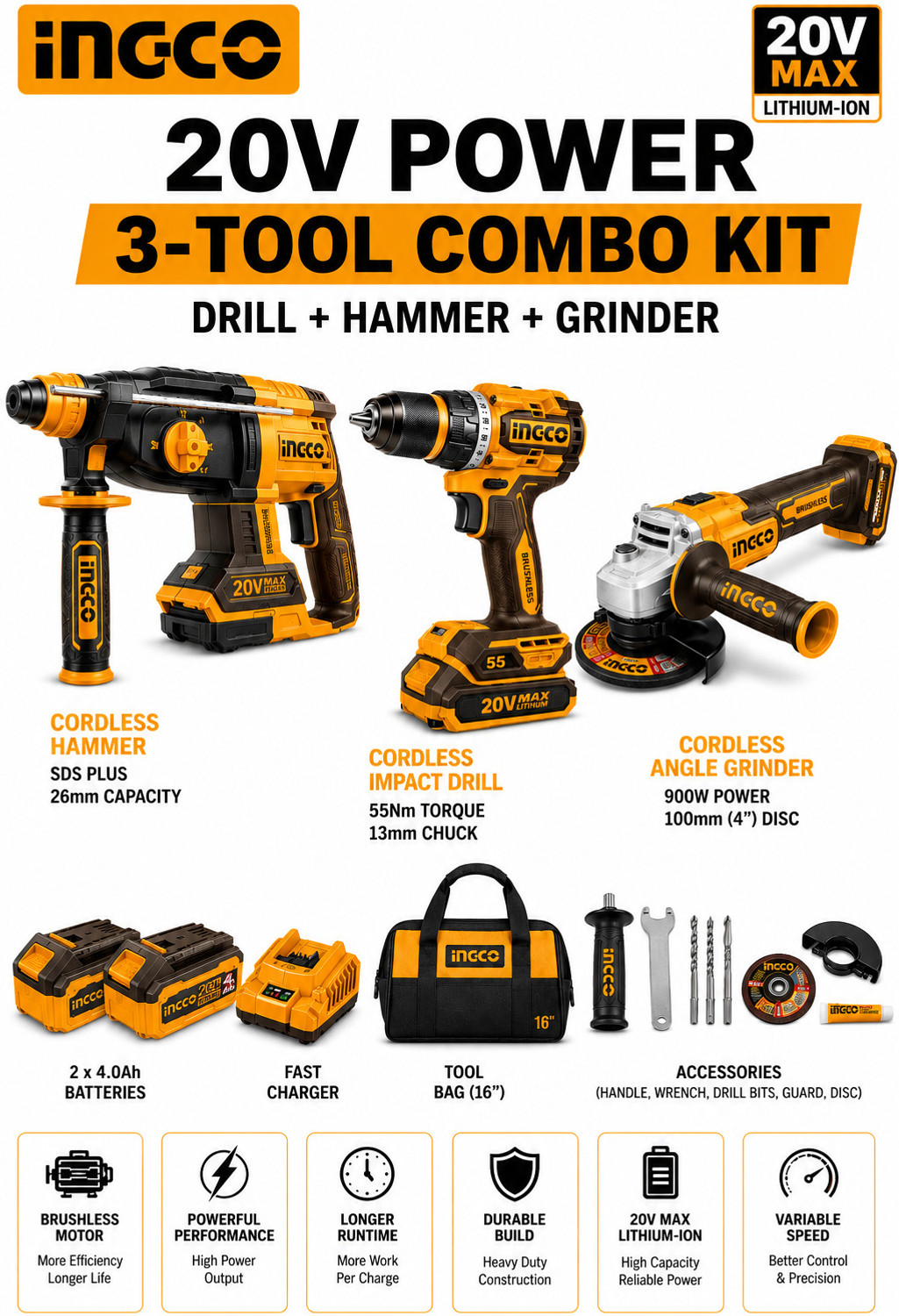 Image of INGCO Combo Kit | Angle Grinder + 55Nm Drill + 2-26mm Rotary Hammer Angle Grinder (110 mm Wheel Diameter)