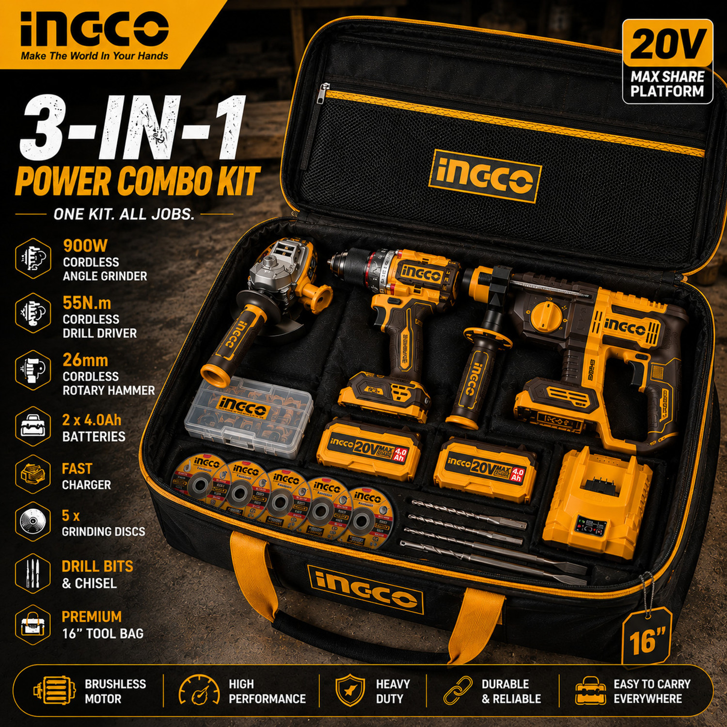 Image of INGCO Combo Kit | Angle Grinder + 55Nm Drill + 2-26mm Rotary Hammer Angle Grinder (110 mm Wheel Diameter)