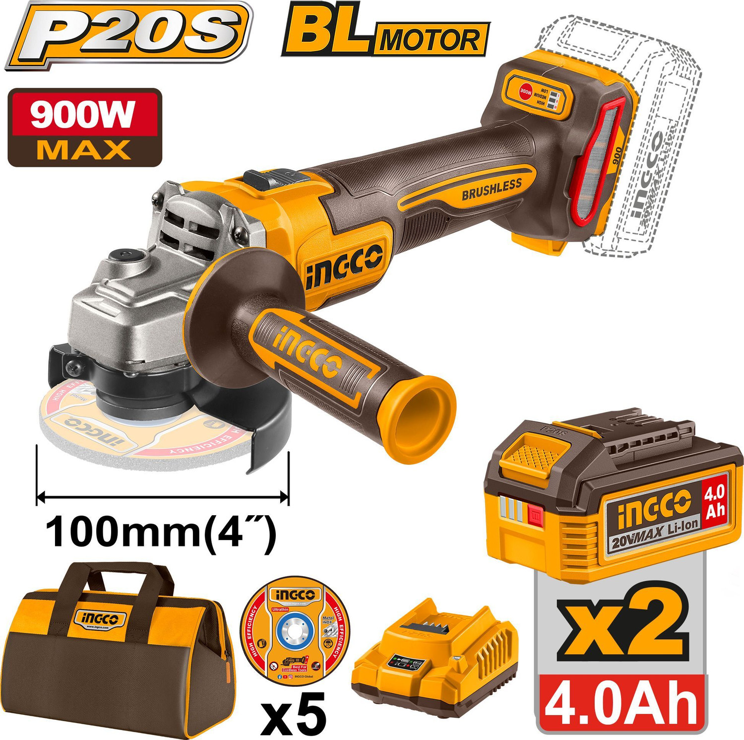 Image of INGCO Combo Kit | Angle Grinder + 55Nm Drill + 2-26mm Rotary Hammer Angle Grinder (110 mm Wheel Diameter)