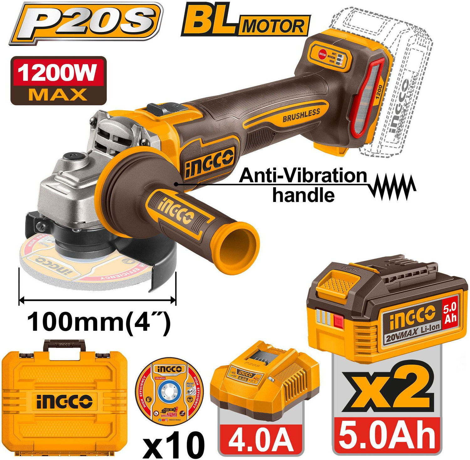 Image of INGCO Combo Kit | Angle Grinder + 55Nm Drill + 2-26mm Rotary Hammer Angle Grinder (110 mm Wheel Diameter)
