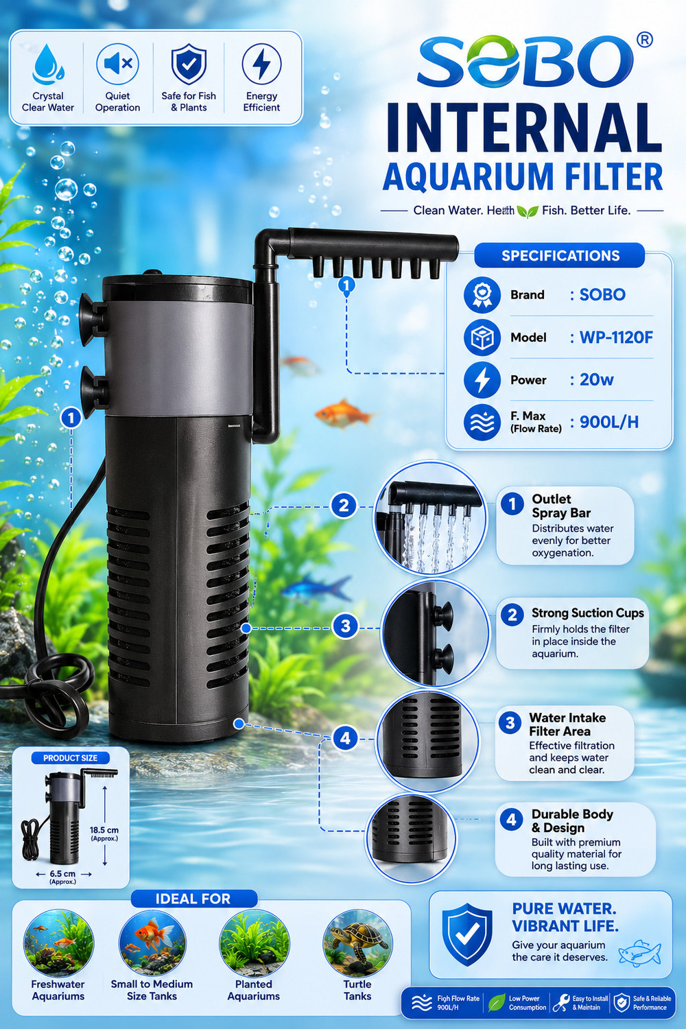 Image of MyPetFishy WP-1120F Power Aquarium Filter (Mechanical Filtration for Salt Water and Fresh Water)