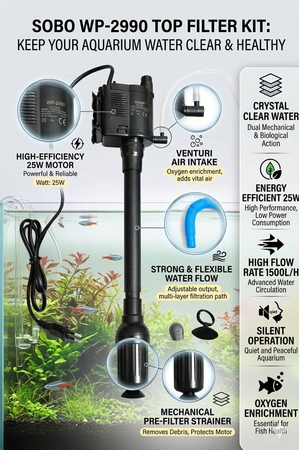 Image of MyPetFishy WP-2990 Power Aquarium Filter (Biological Filtration for Salt Water and Fresh Water)