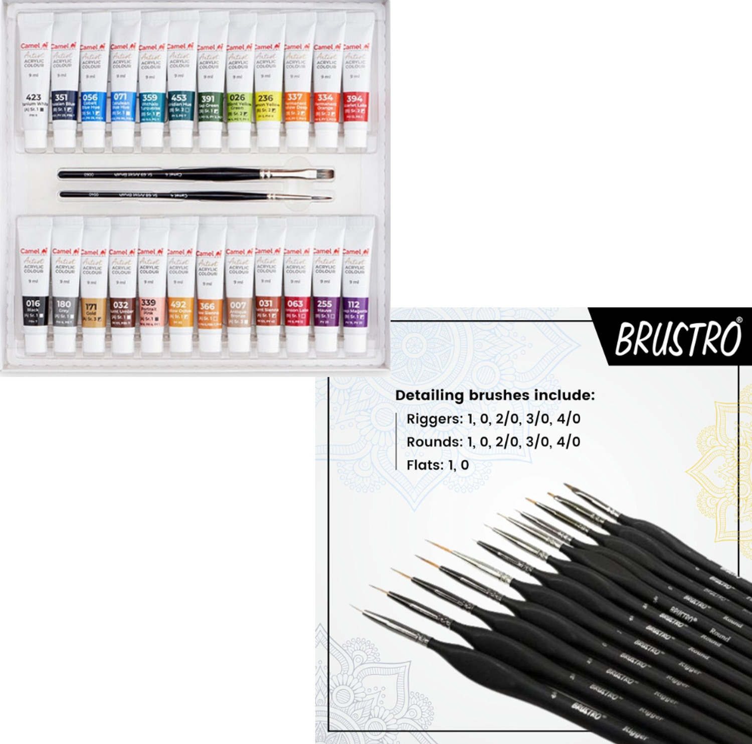 Image of Camel ARTIST ACRYLIC 24 COLOURS X 9 ML EACH & ARTISTS' MINIATURE BRUSH SET OF 12
