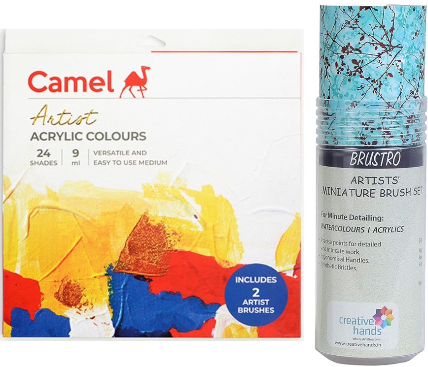 Image of Camel ARTIST ACRYLIC 24 COLOURS X 9 ML EACH & ARTISTS' MINIATURE BRUSH SET OF 12