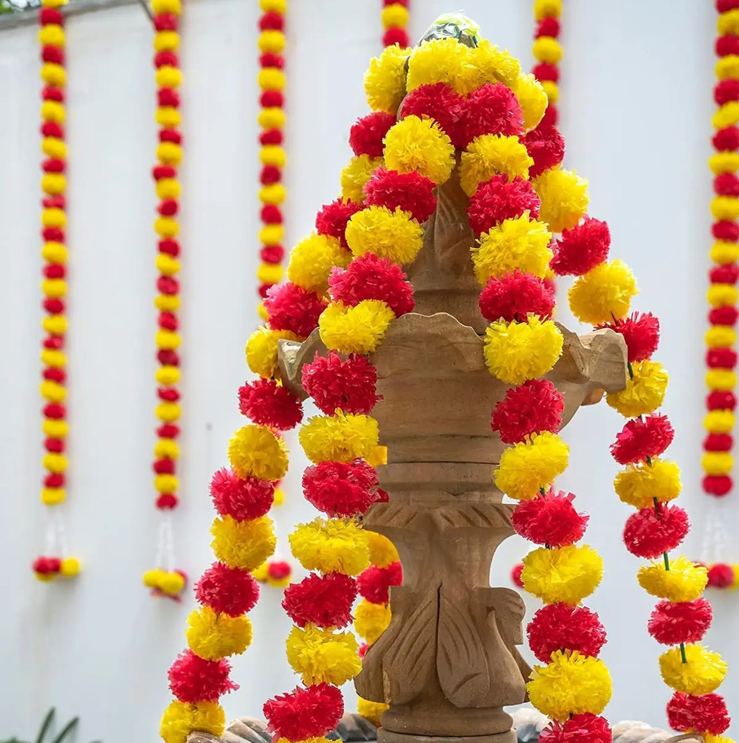 Image of DUOFU Fluppy Multicolor Marigold Artificial Flower (152 cm, Pack of 15, Vine & Creepers)