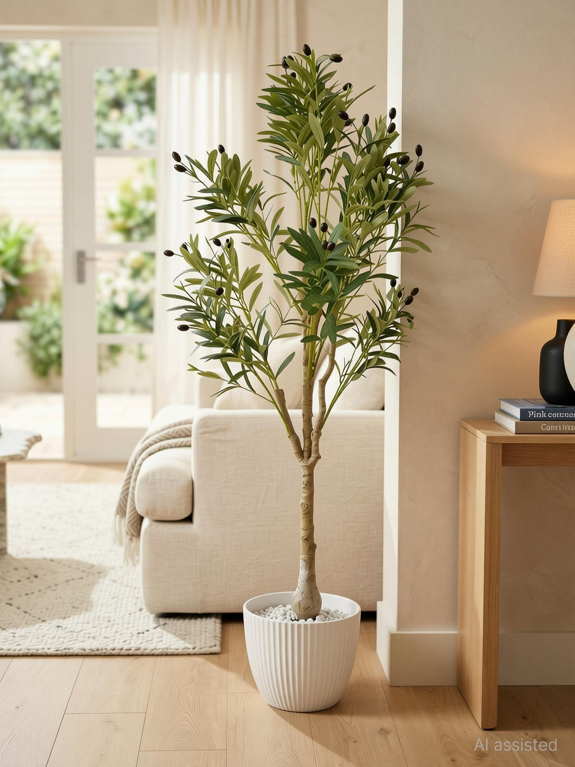 Image of Pink Olive Artificial Olive Tree Plant with Plastic Stem and Leaves for Indoor Decor Artificial Plant (146 cm, Green)
