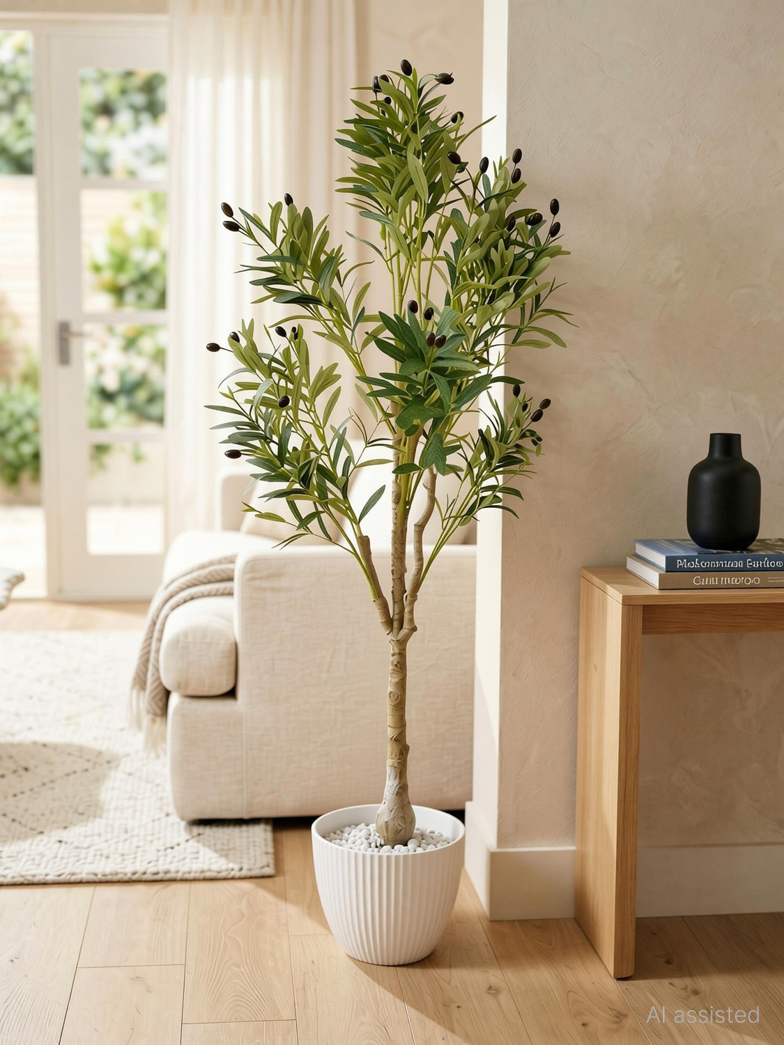Image of Pink Olive Artificial Olive Tree Plant with Plastic Stem and Leaves for Indoor Decor Artificial Plant (146 cm, Green)