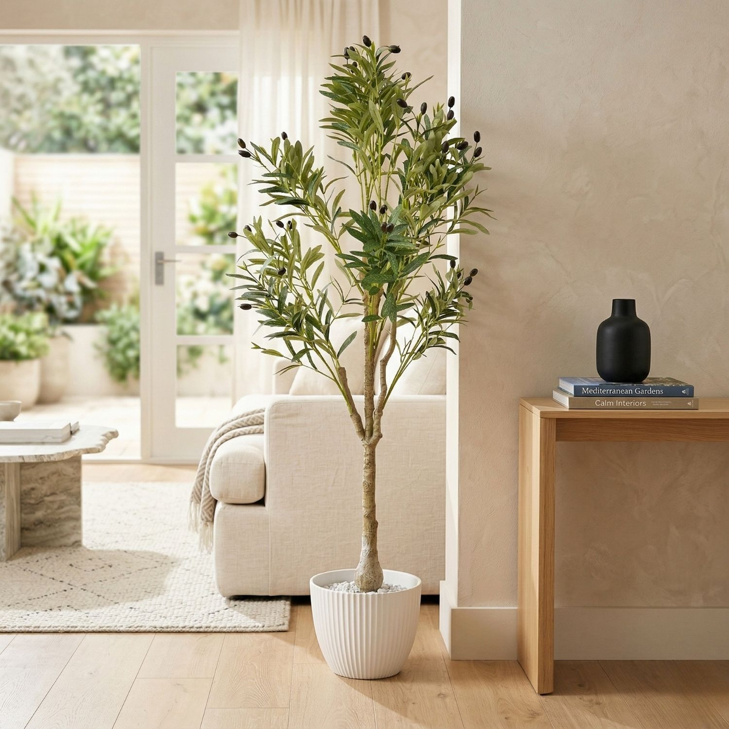 Image of Pink Olive Artificial Olive Tree Plant with Plastic Stem and Leaves for Indoor Decor Artificial Plant (146 cm, Green)