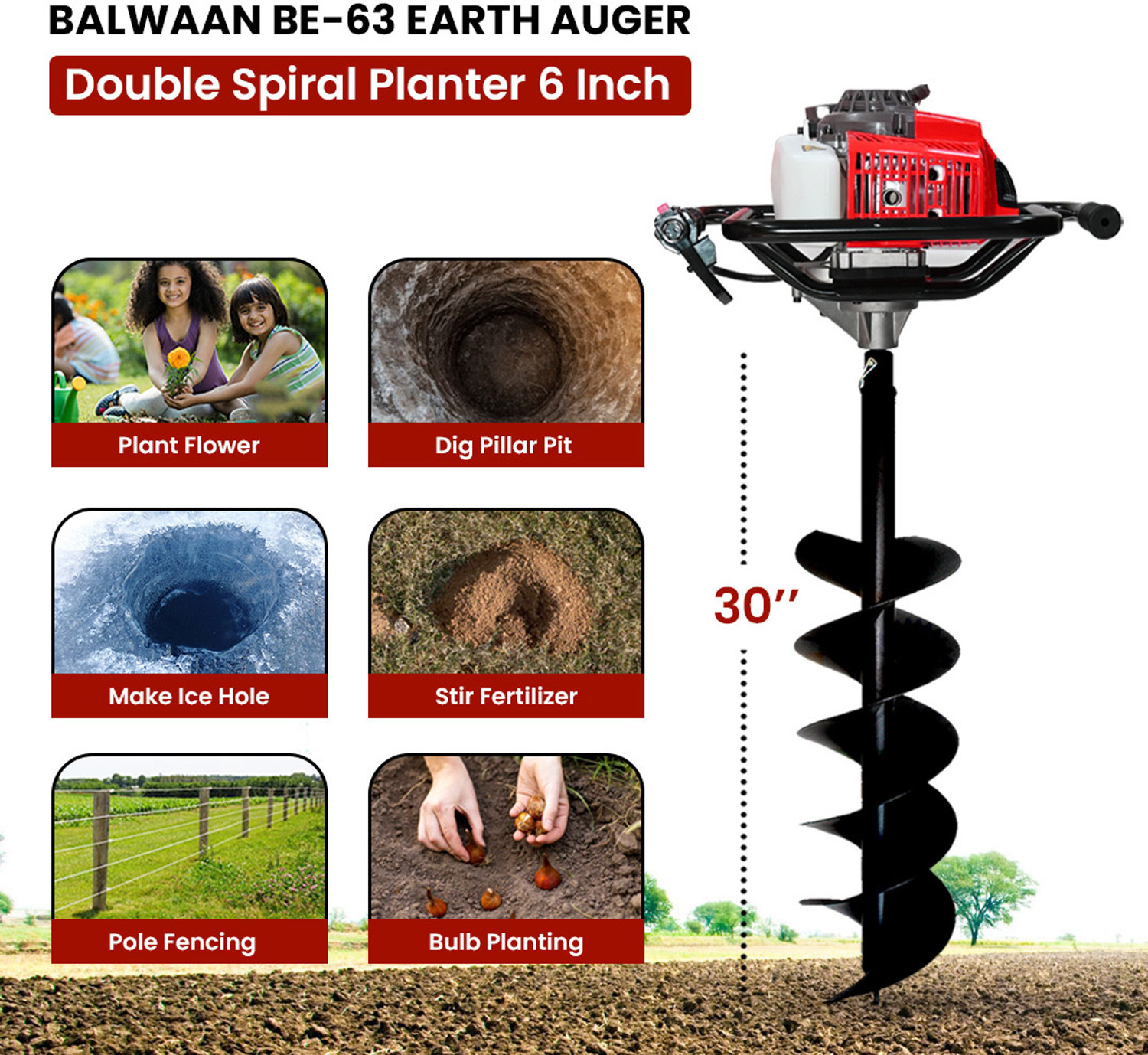 Image of Balwaan Krishi BE-63 Earth Auger 63cc 2 Stroke Petrol Engine with 6 Inch Double Spiral Planter Auger Drill (One Man Operation)