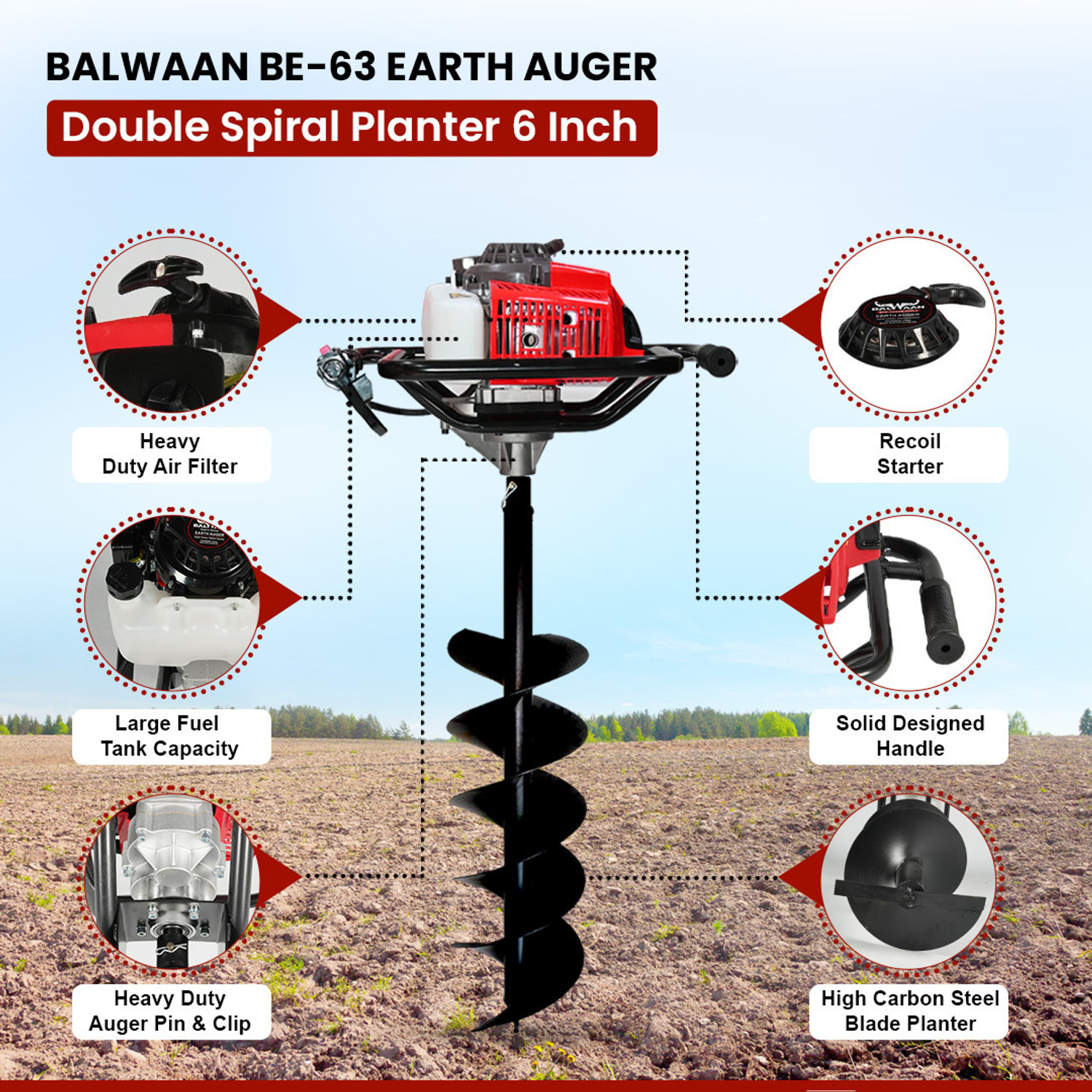 Image of Balwaan Krishi BE-63 Earth Auger 63cc 2 Stroke Petrol Engine with 6 Inch Double Spiral Planter Auger Drill (One Man Operation)