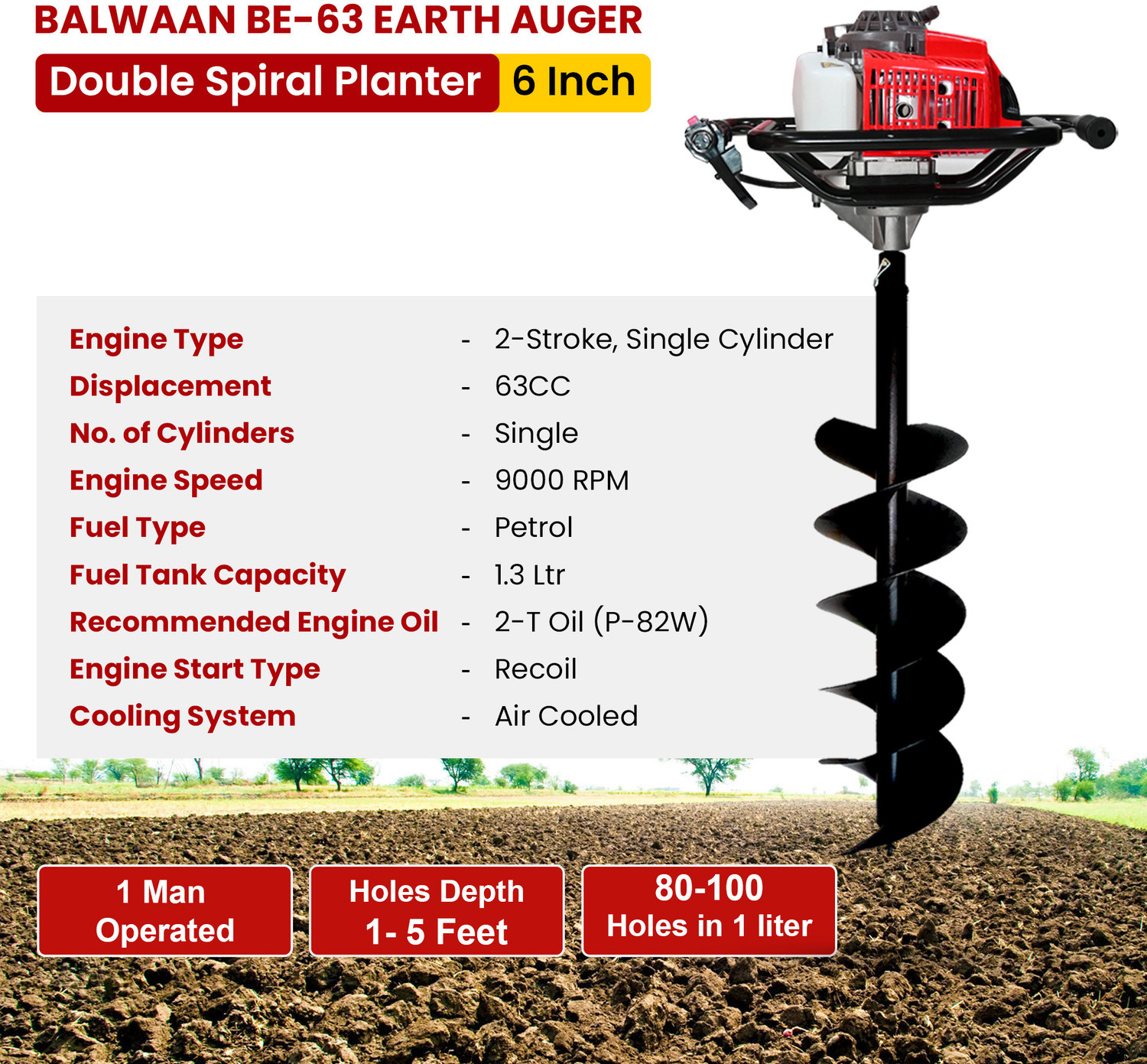 Image of Balwaan Krishi BE-63 Earth Auger 63cc 2 Stroke Petrol Engine with 6 Inch Double Spiral Planter Auger Drill (One Man Operation)