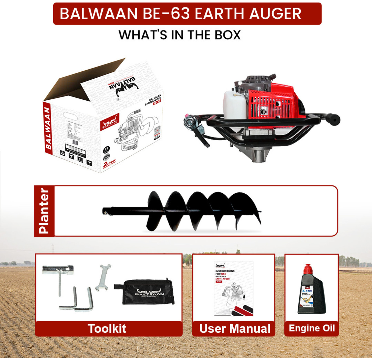 Image of Balwaan Krishi BE-63 Earth Auger 63cc 2 Stroke Petrol Engine with 6 Inch Double Spiral Planter Auger Drill (One Man Operation)