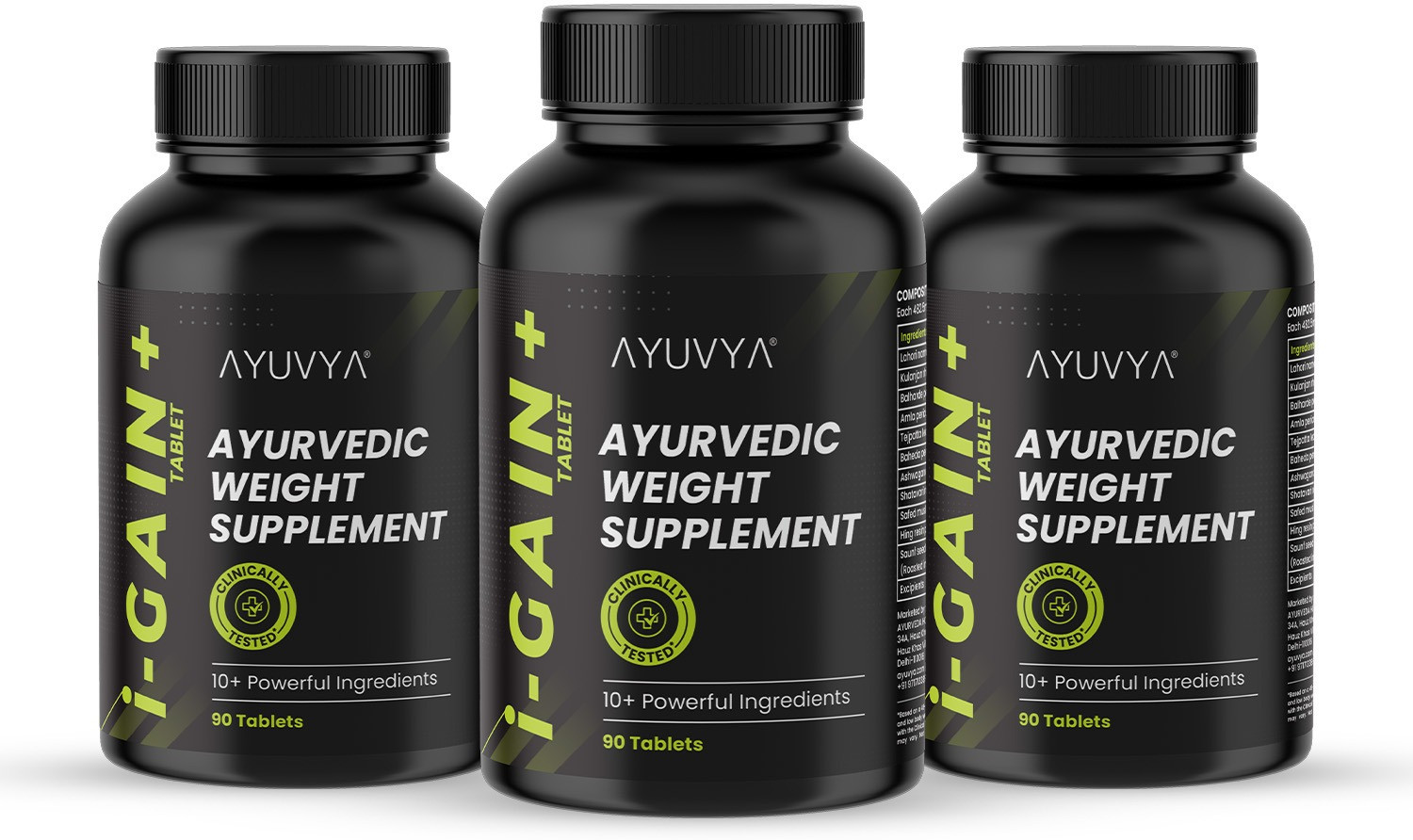 Ayuvya i-GAIN+, Clinically Proven Ayurvedic Weight Gainer Combo Supports energy level (Pack of 3, 270 Tablets) - Image 1