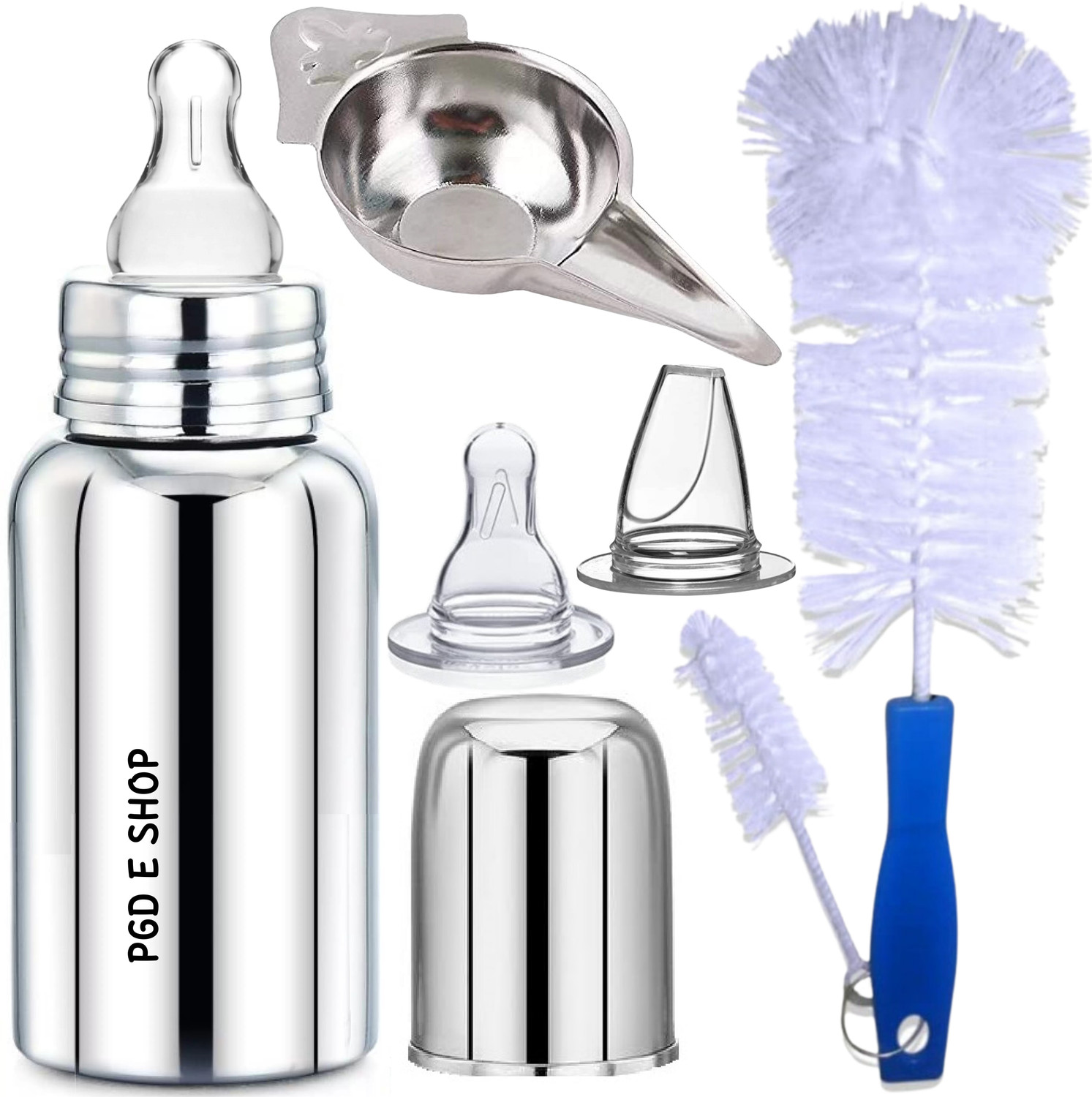 Image of PGD Stainless Steel Baby Feeding Bottle 200ml with Feeder Spoon for Babies - 200 ml (Plain Silver)