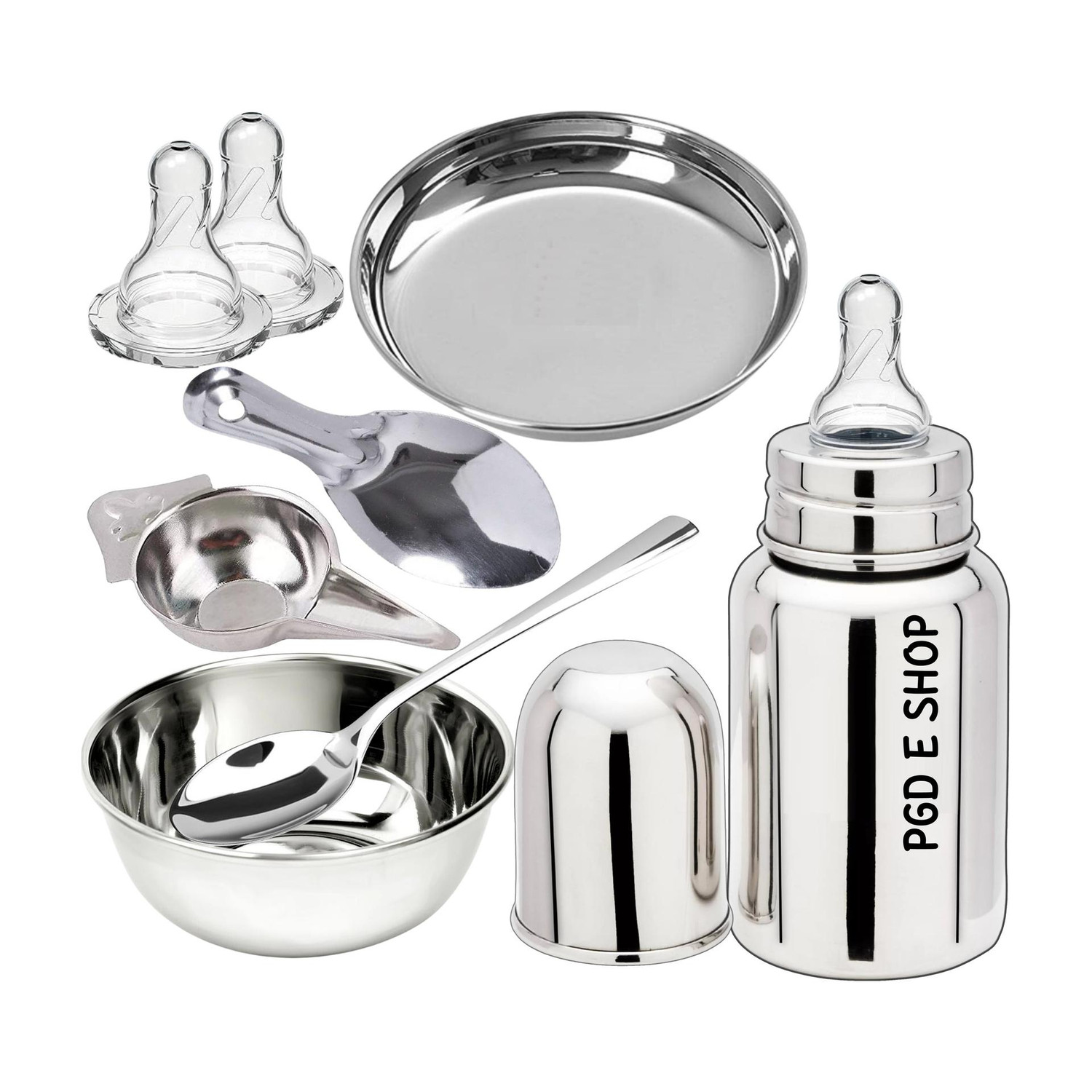 Image of PGD Stainless Steel Baby Feeding Bottle 200ml with Feeder Spoon for Babies - 200 ml (Plain Silver)