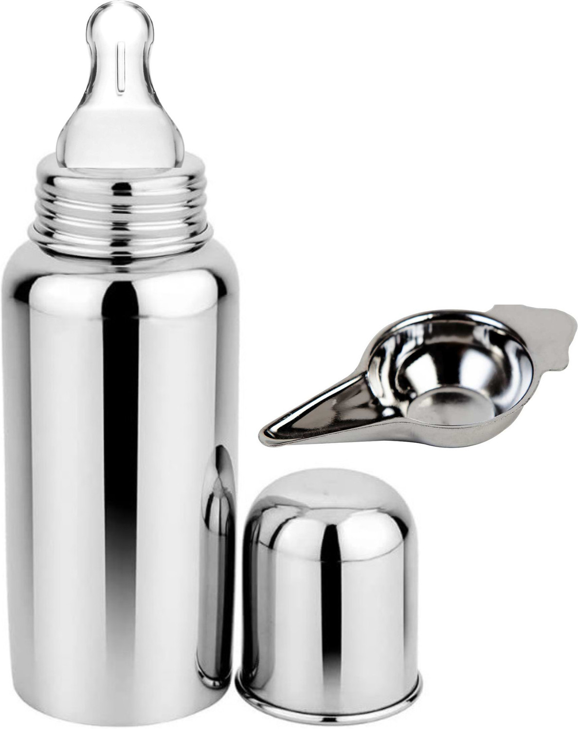 Image of PGD Stainless Steel Baby Feeding Bottle 200ml with Feeder Spoon for Babies - 200 ml (Plain Silver)