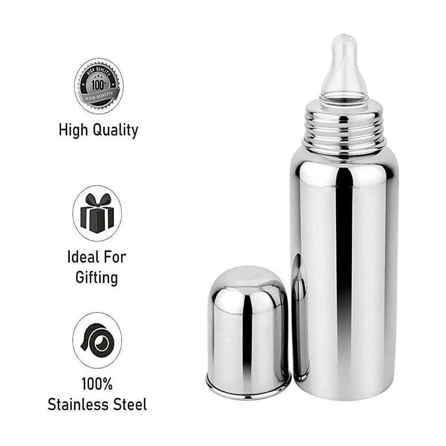Image of PGD Stainless Steel Baby Feeding Bottle 200ml with Feeder Spoon for Babies - 200 ml (Plain Silver)