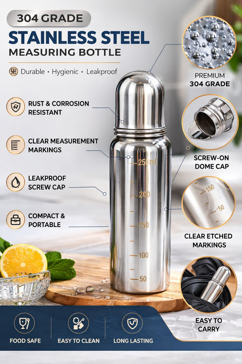 Image of BEBZI stainless steel baby milk bottle 304 Grade - 250 ml (Silver)