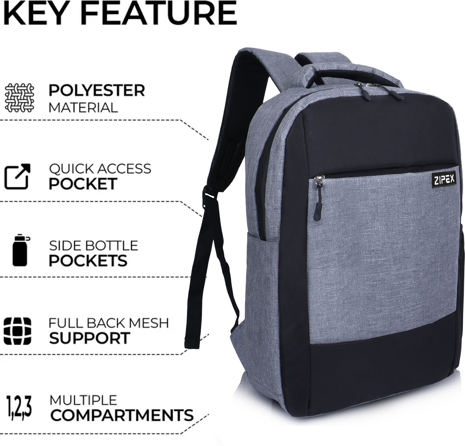 Image of ZIPEX Medium 23 L Laptop Backpack | MAJOR Smart Bag with Charger Pouch | Office Bag | College Bag | Unisex (Grey, Black)