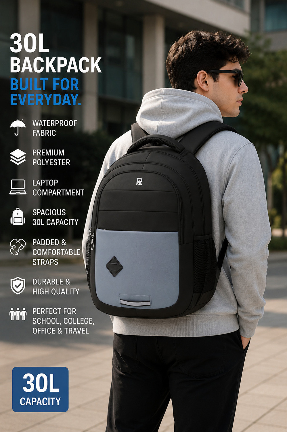 Image of Roadster Medium 30 L Laptop Backpack Modern School College Office Laptop Backpack Waterproof Unisex Design bag (Black, Grey)
