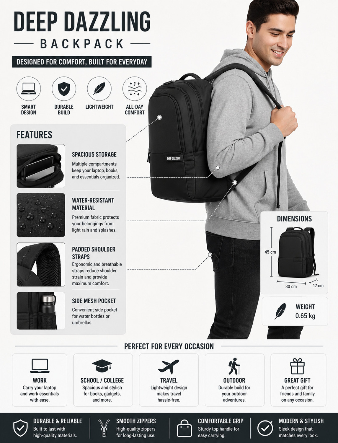 Image of DEEP DAZZLING 27.5 L Laptop Backpack Unisex Spacy School Collage And Office Bag VALEX (Black)