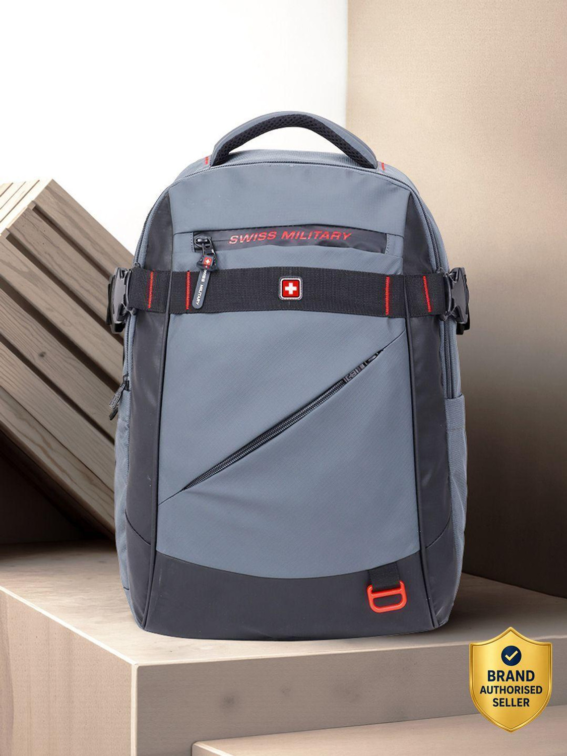 Image of SWISS MILITARY Large 34 L Laptop Backpack Accent Multi Utility Bag with Quick Access pocket for Office /College /Travel Bag (Grey, Red)