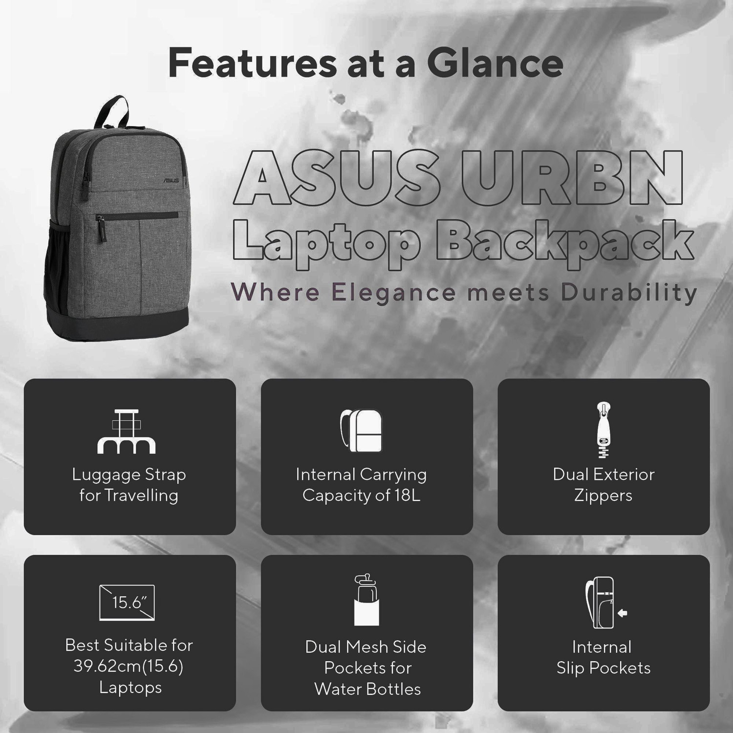 Image of ASUS 18.1 L Laptop Backpack AP1601-Two-Large-Front-Pocket-Luggage-Strap-16-Inch-Laptop-0-40-Kg 18.1 L (Grey)