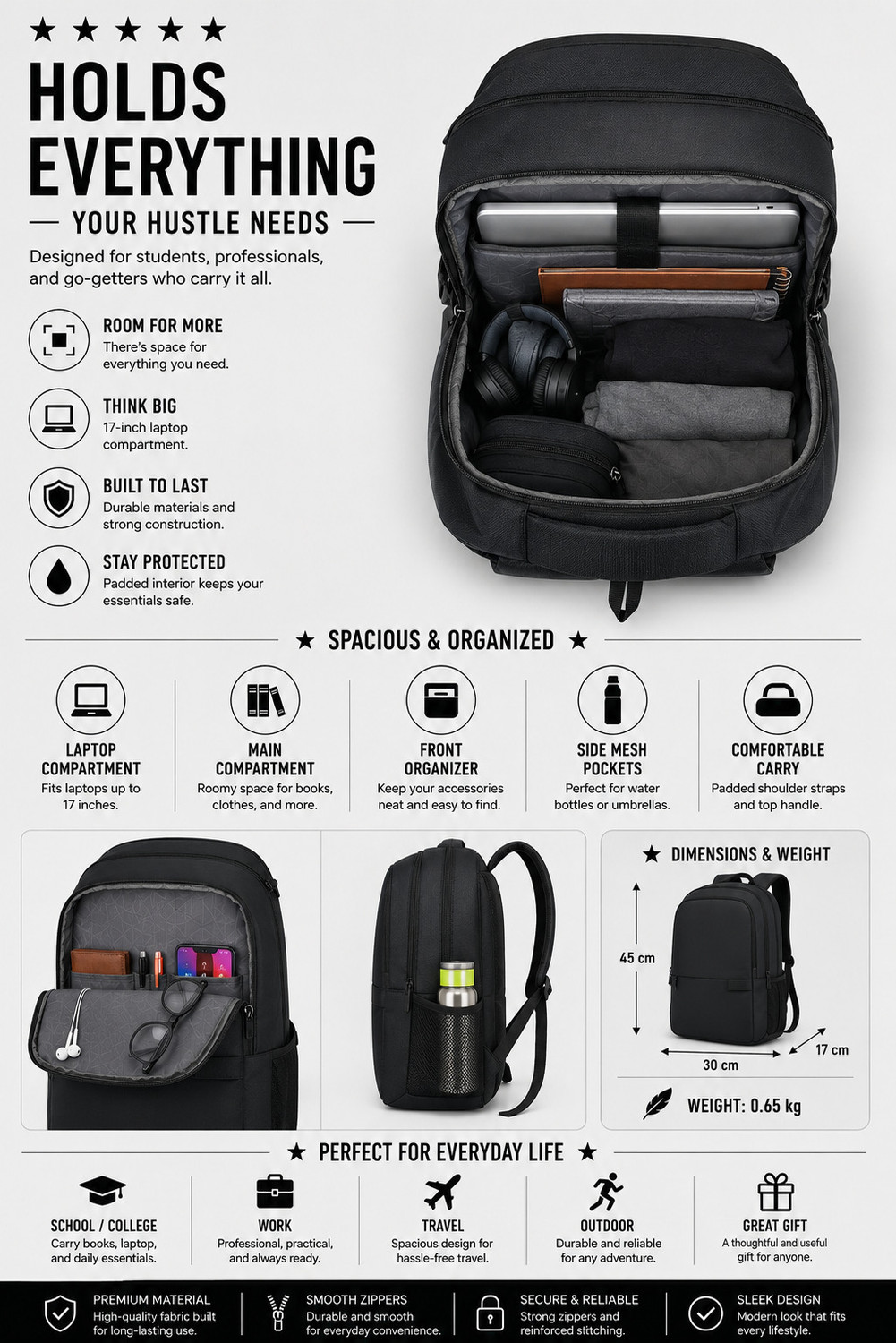 Image of DEEP DAZZLING 27.5 L Laptop Backpack Unisex Spacy School Collage And Office Bag VALEX (Black)